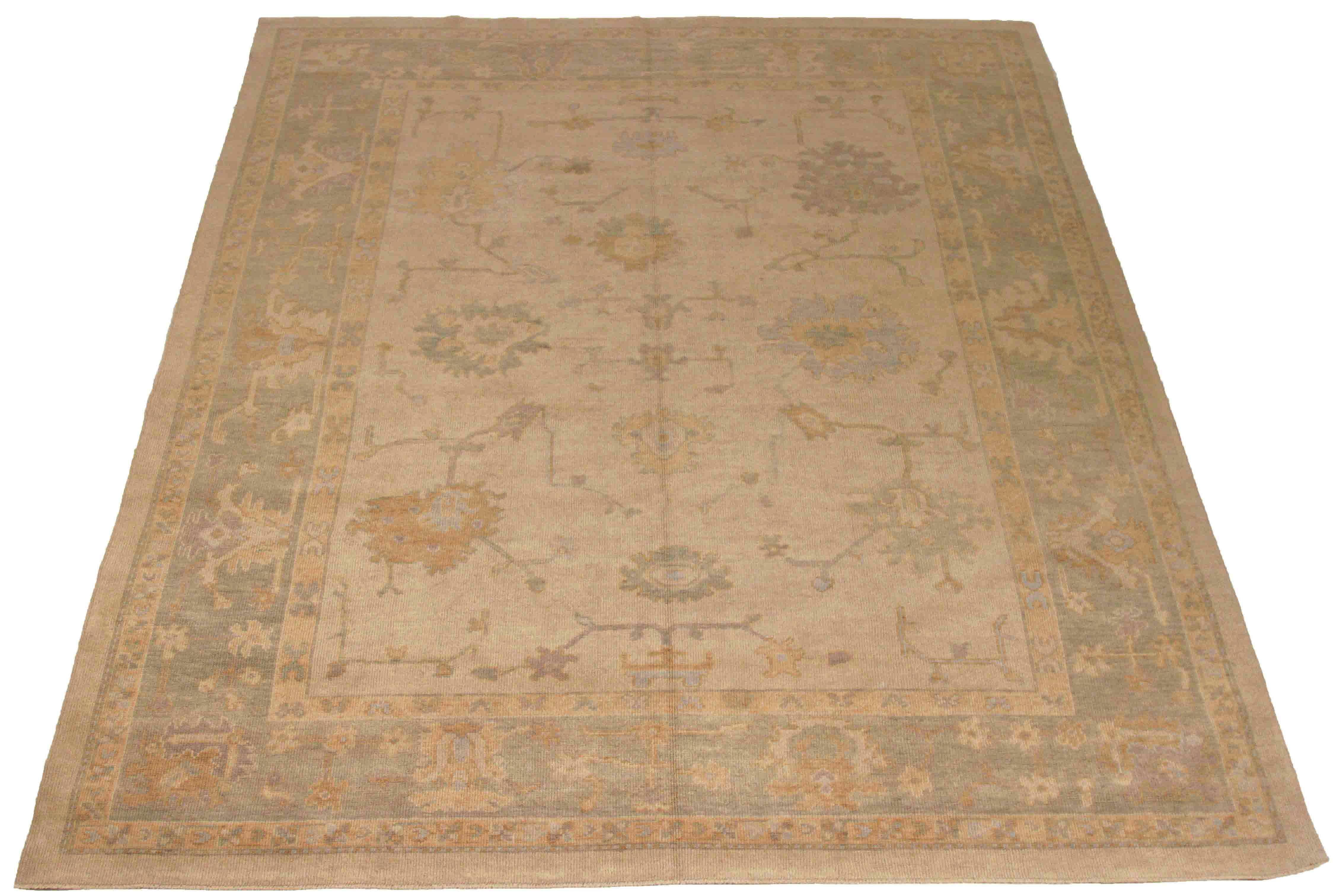 New Persian Oushak Rug with Orange and Blue Floral Details Over Beige Field For Sale 2