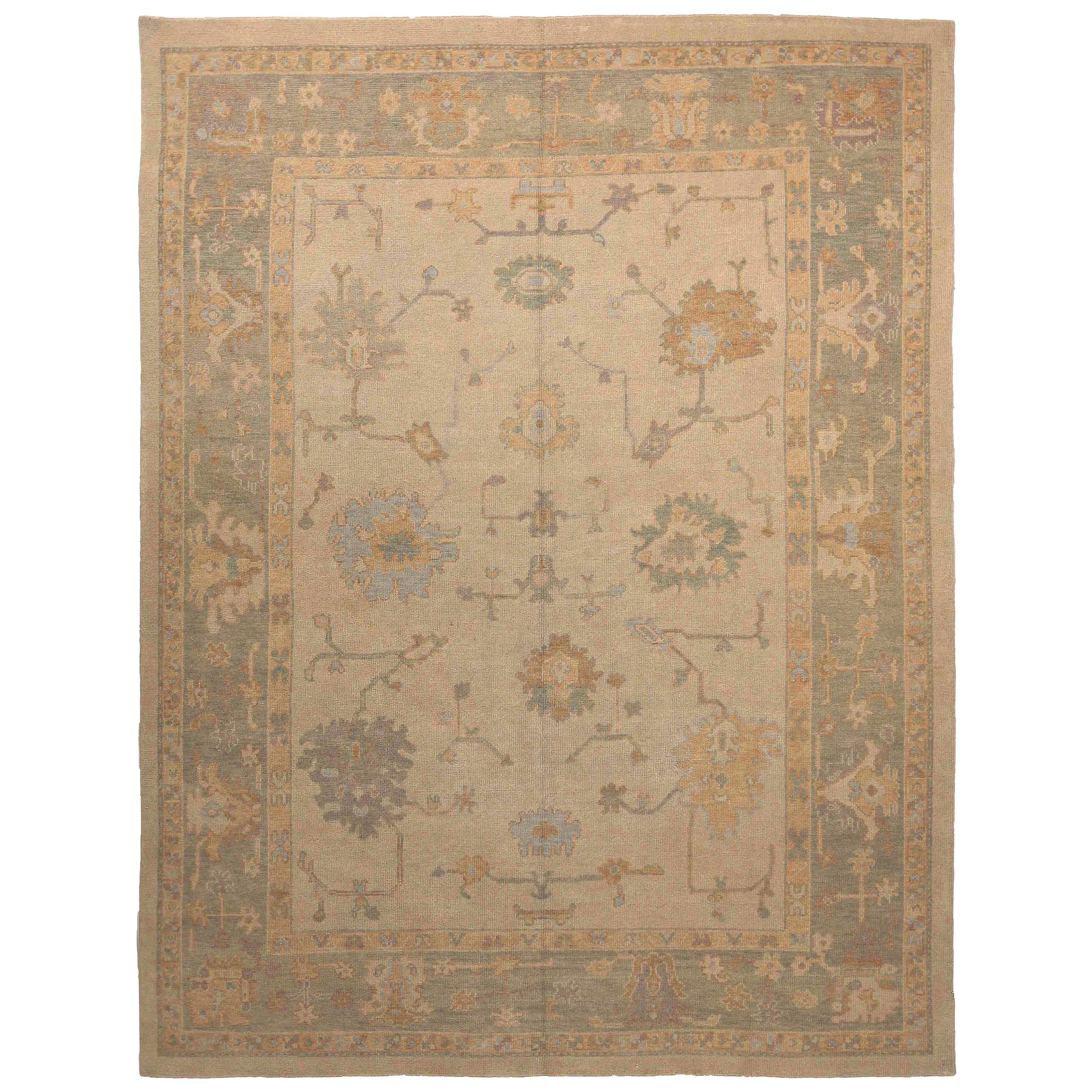 New Persian Oushak Rug with Orange and Blue Floral Details Over Beige Field For Sale