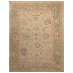 New Persian Oushak Rug with Orange and Blue Floral Details Over Beige Field