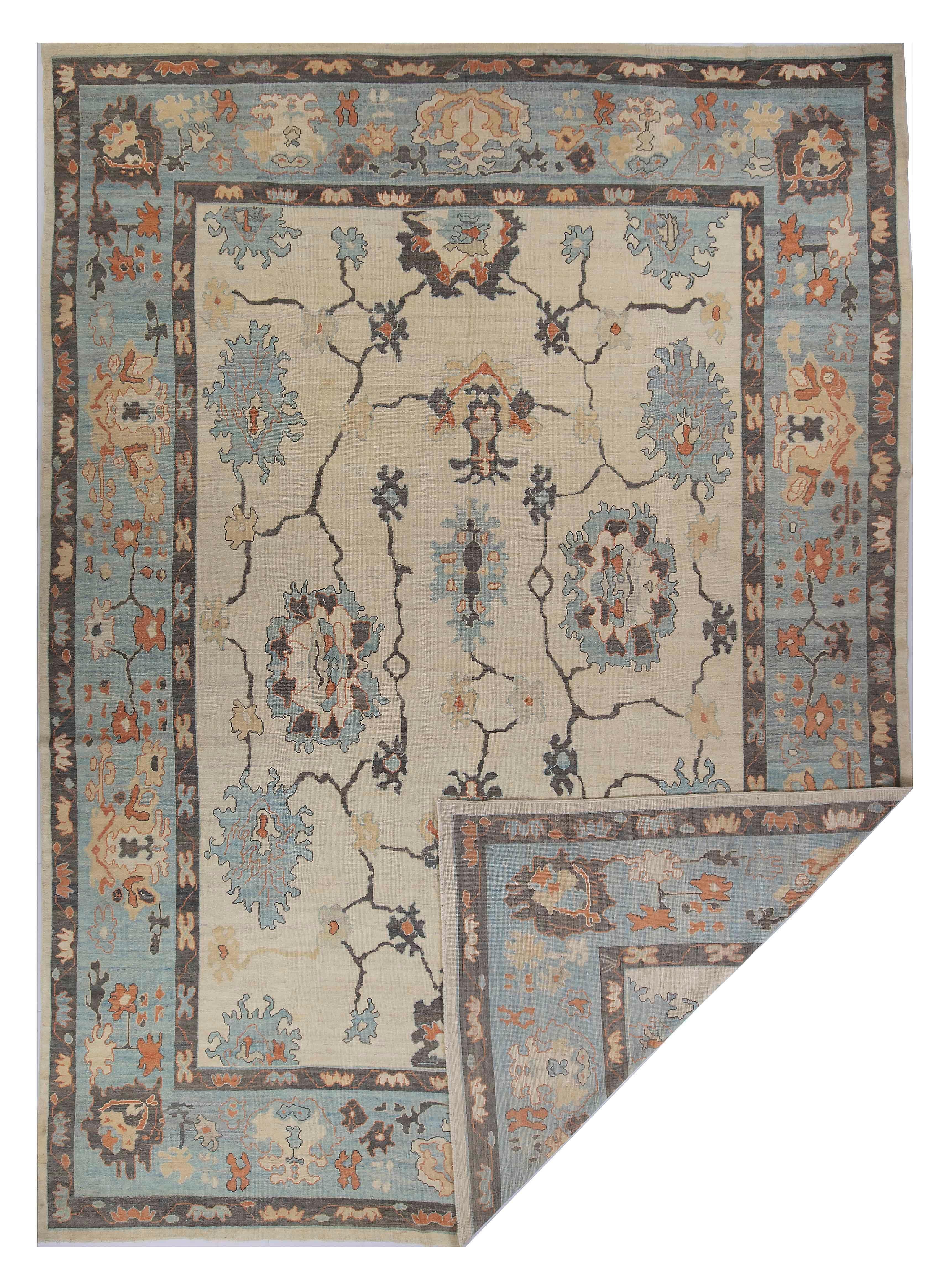 Contemporary New Persian Oushak Style Rug with Black and Blue Floral Details on Ivory Field For Sale