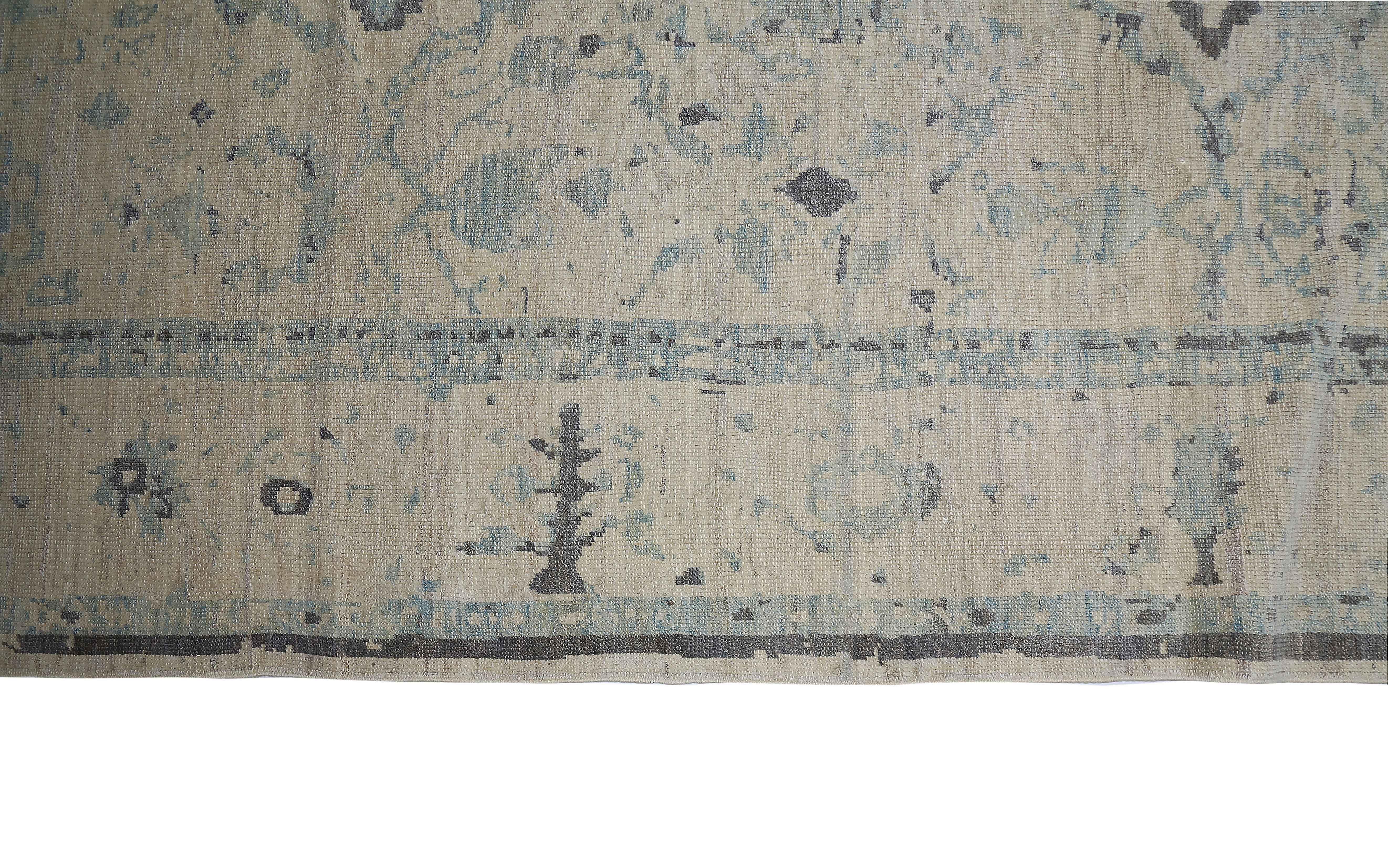 Wool New Persian Oushak Style Rug with Blue and Gray Floral Details on Ivory Field For Sale