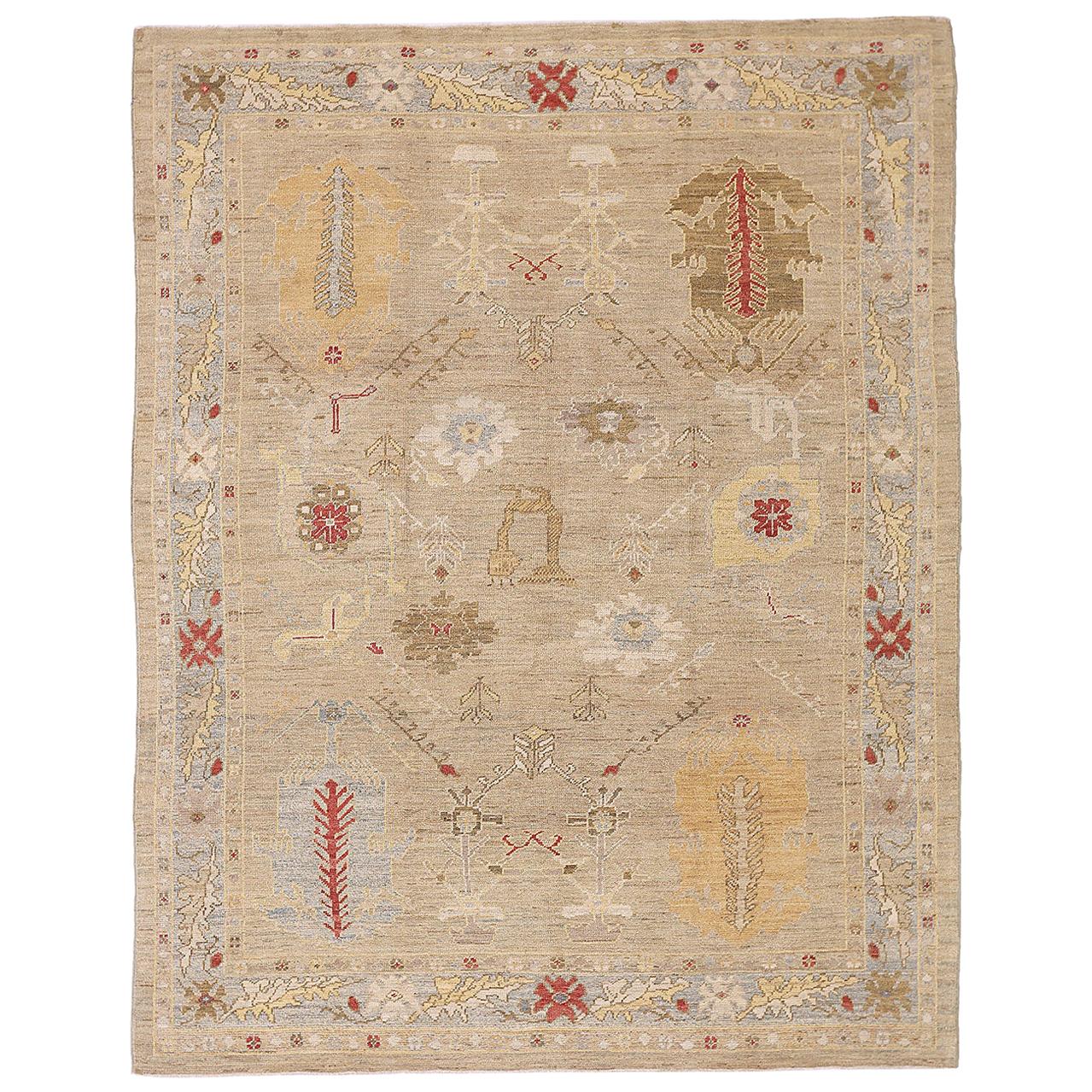 New Persian Oushak Style Rug with Colored Botanical Details on Beige Field