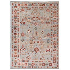 New Persian Oushak Style Rug with Red and Beige Floral Details on Blue Field