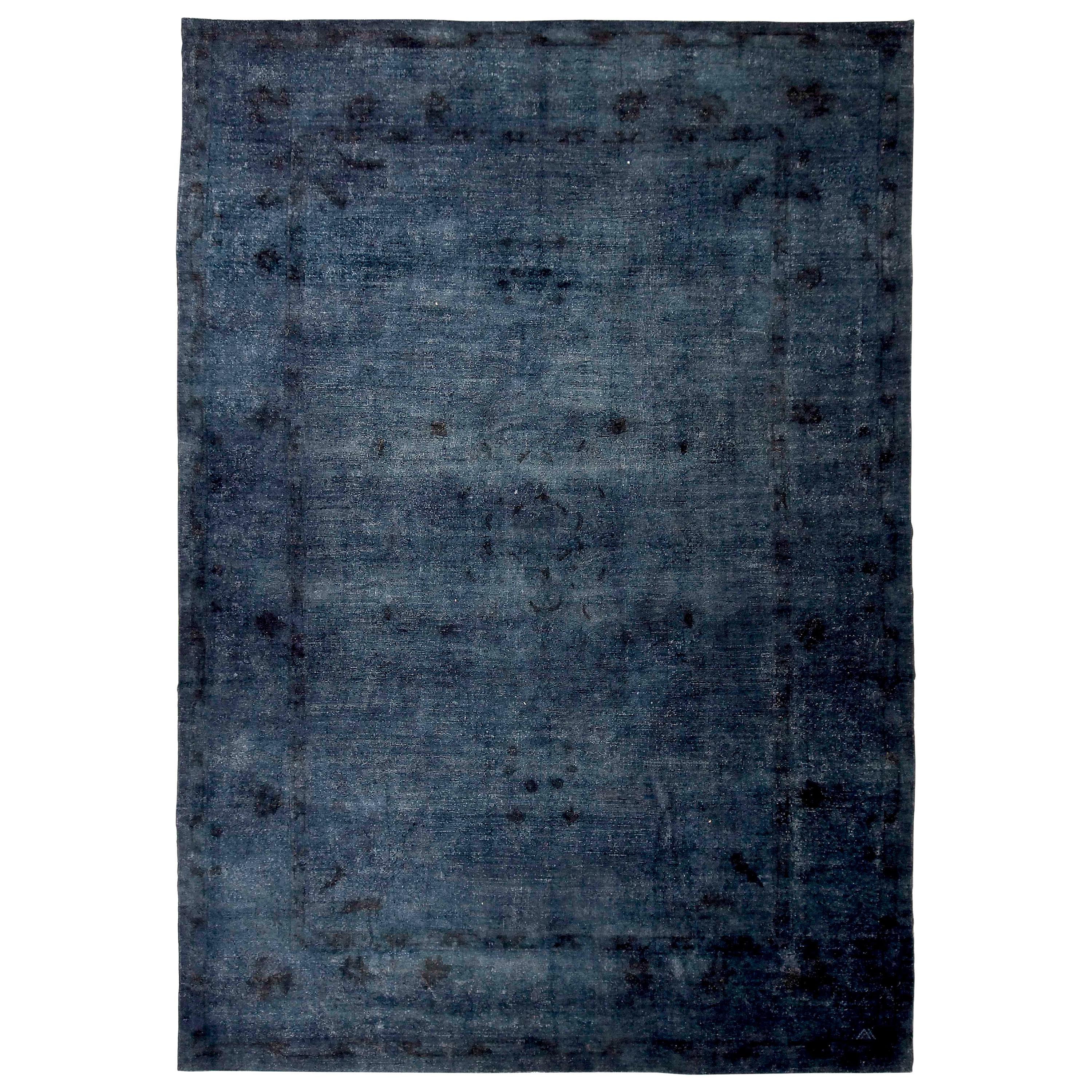 New Persian Rug Oushak Style with Floral Details Overdyed in Blue and Black For Sale