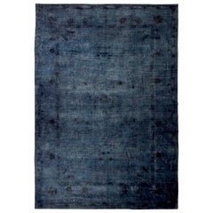 New Persian Rug Oushak Style with Floral Details Overdyed in Blue and Black