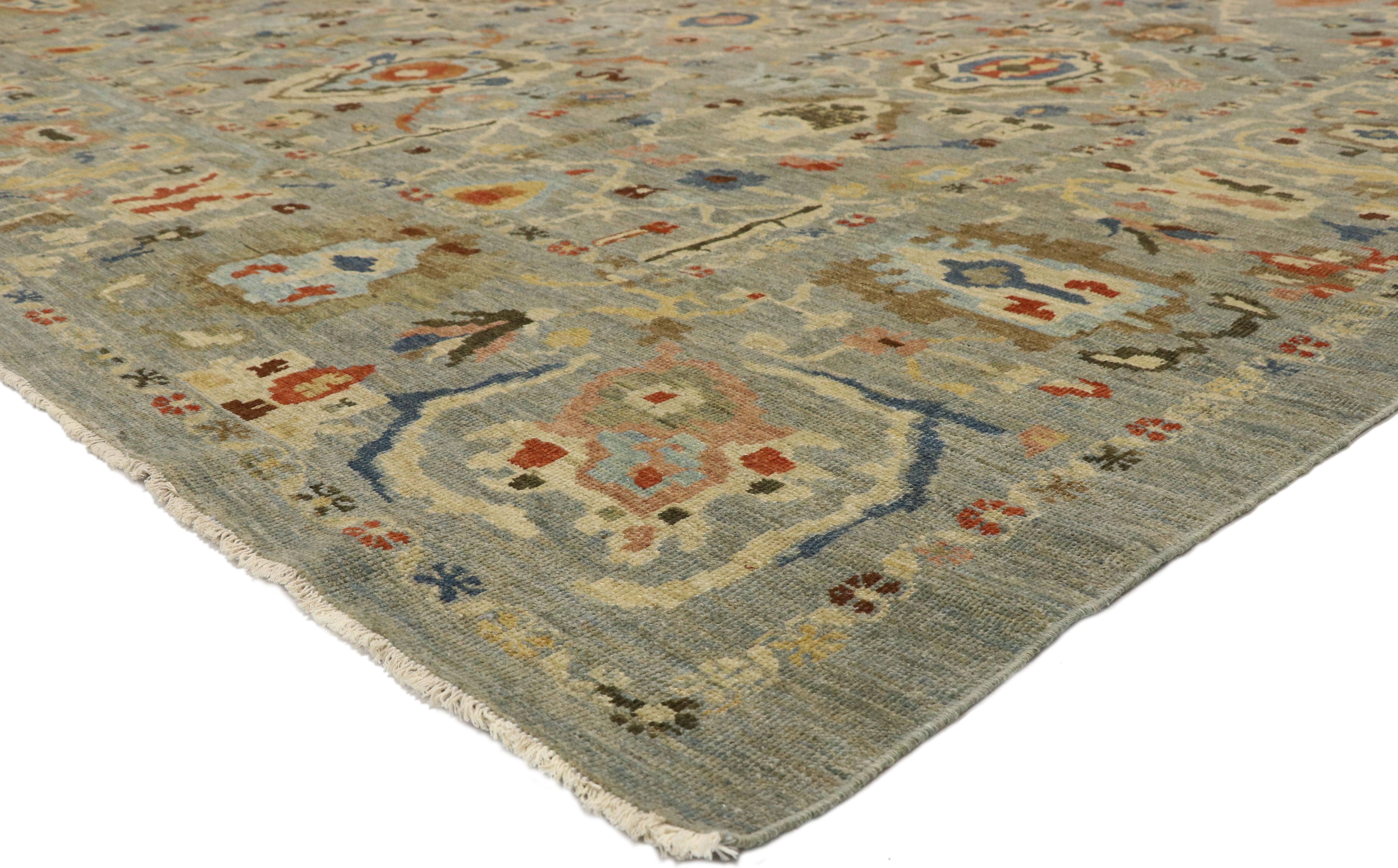 76835 Modern Blue Persian Sultanabad Rug, 12'01 x 15'02. Infused with the principles of Organic Modern style and Biophilic Design, this hand-knotted wool contemporary Persian Sultanabad rug showcases stylish complexity and a highly decorative