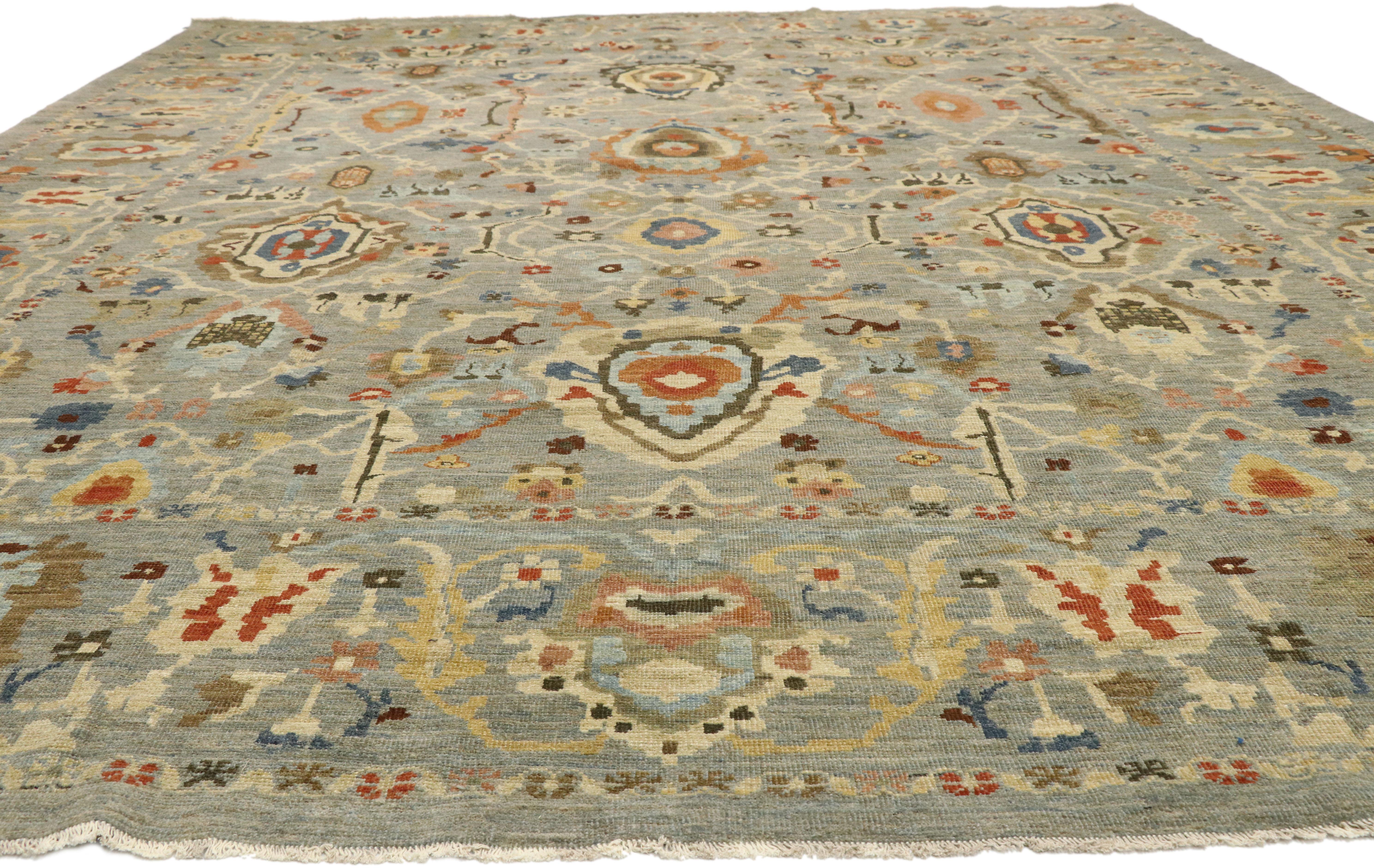 Organic Modern Contemporary GBlue Persian Sultanabad Rug, 12'01 x 15'02 For Sale