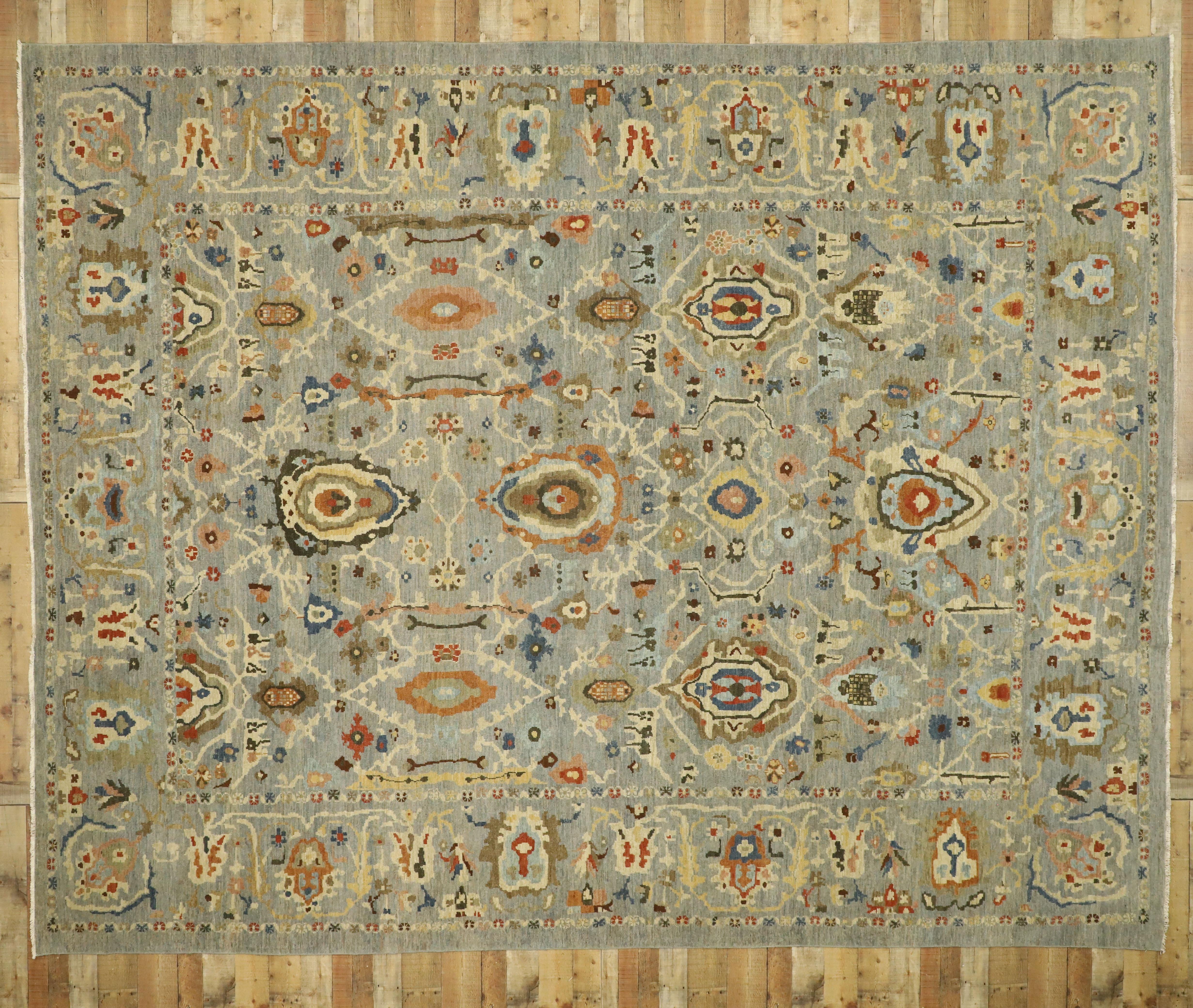 Contemporary GBlue Persian Sultanabad Rug, 12'01 x 15'02 For Sale 2