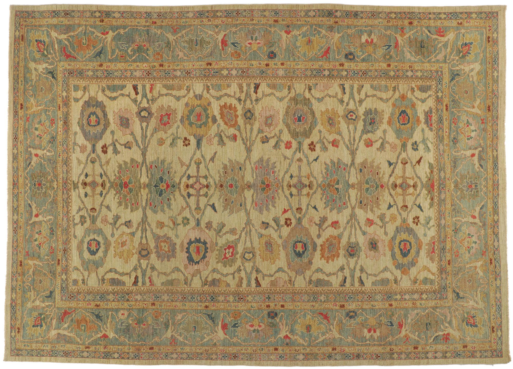 Organic Modern Tan and Blue Persian Sultanabad Rug For Sale 4
