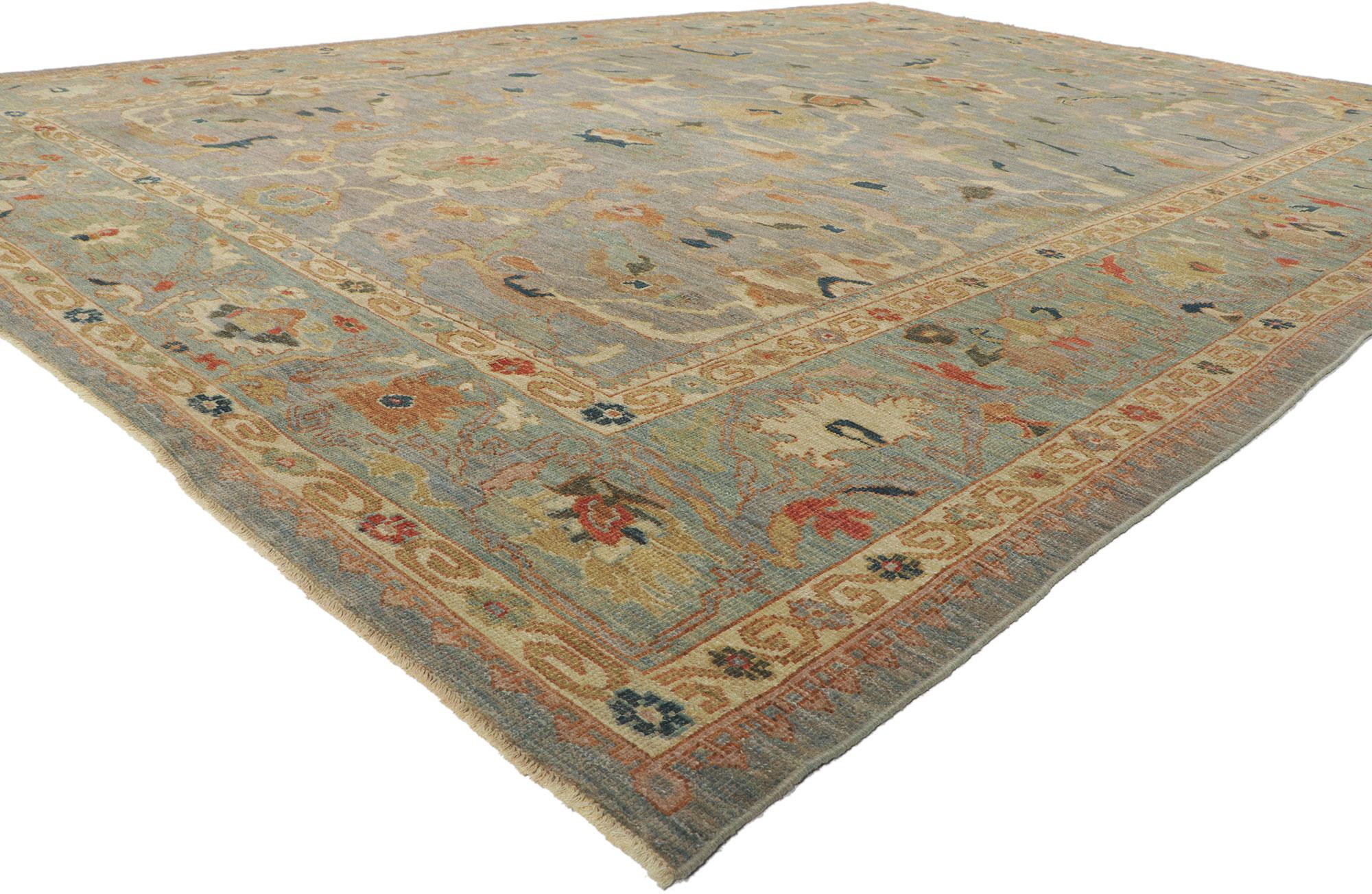 60708 Modern Blue Persian Sultanabad Rug, 09'10 x 14'00. Exhibiting both Organic Modern style and Biophilic Design principles, this hand-knotted wool Persian Sultanabad rug is a captivating manifestation of woven beauty. Its remarkable versatility,