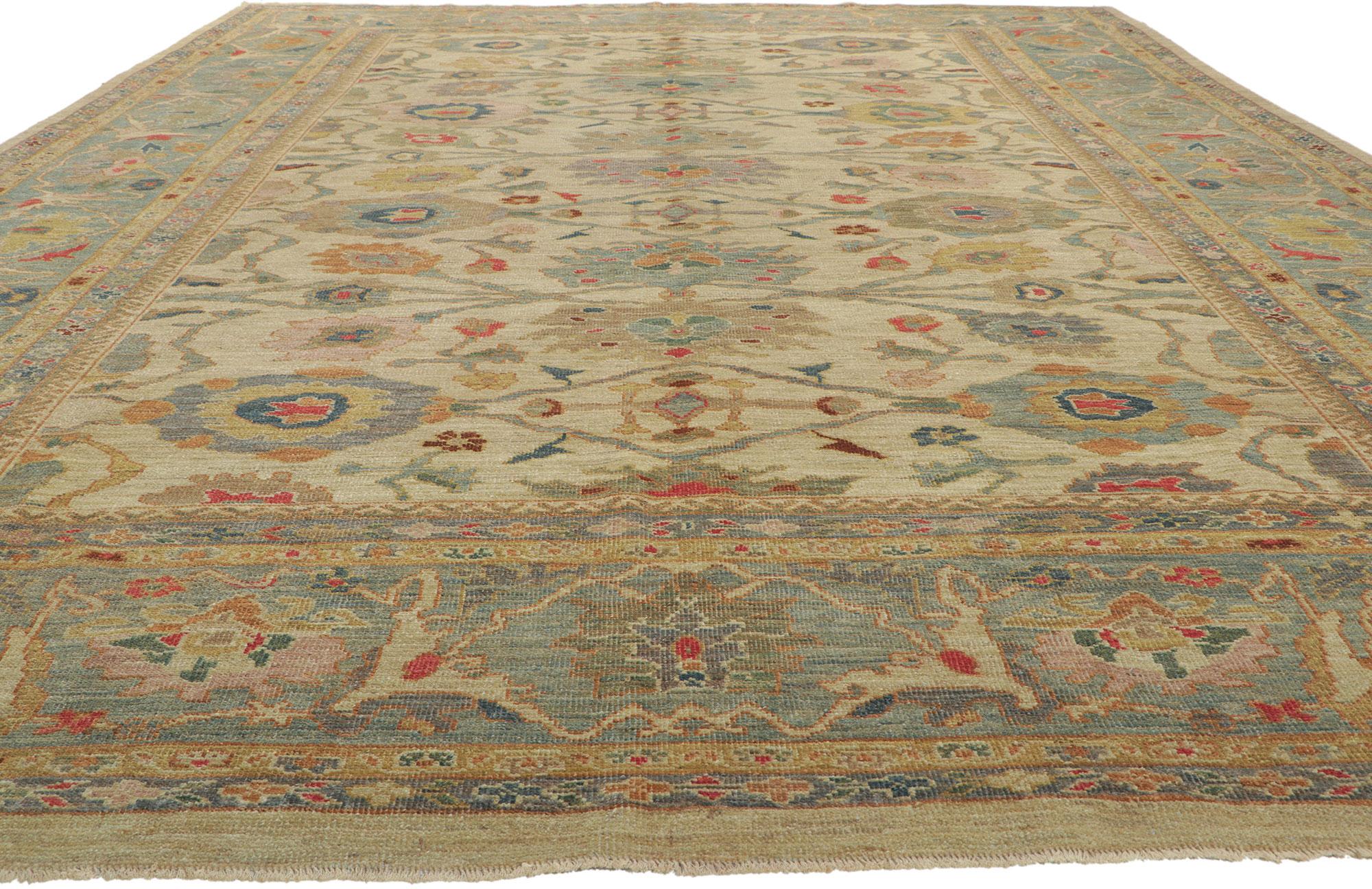 Hand-Knotted Organic Modern Tan and Blue Persian Sultanabad Rug For Sale