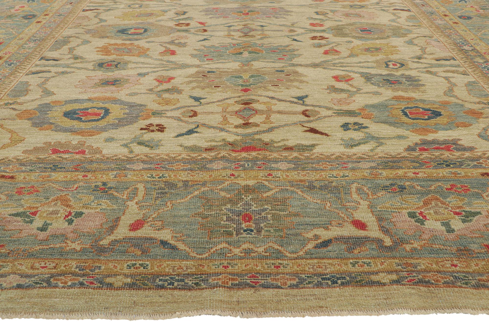 Contemporary Organic Modern Tan and Blue Persian Sultanabad Rug For Sale