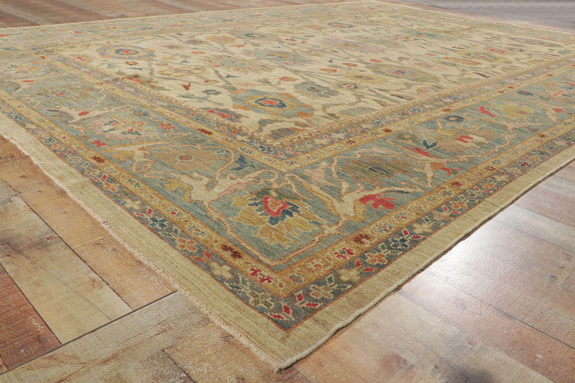 Organic Modern Tan and Blue Persian Sultanabad Rug For Sale 1