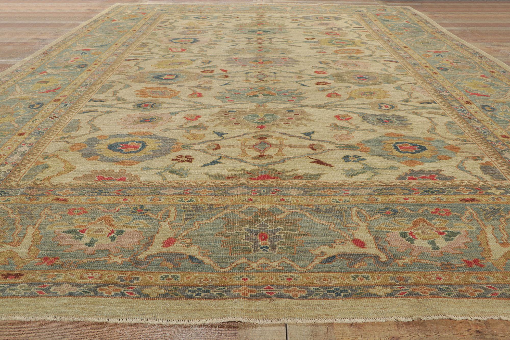 Organic Modern Tan and Blue Persian Sultanabad Rug For Sale 2