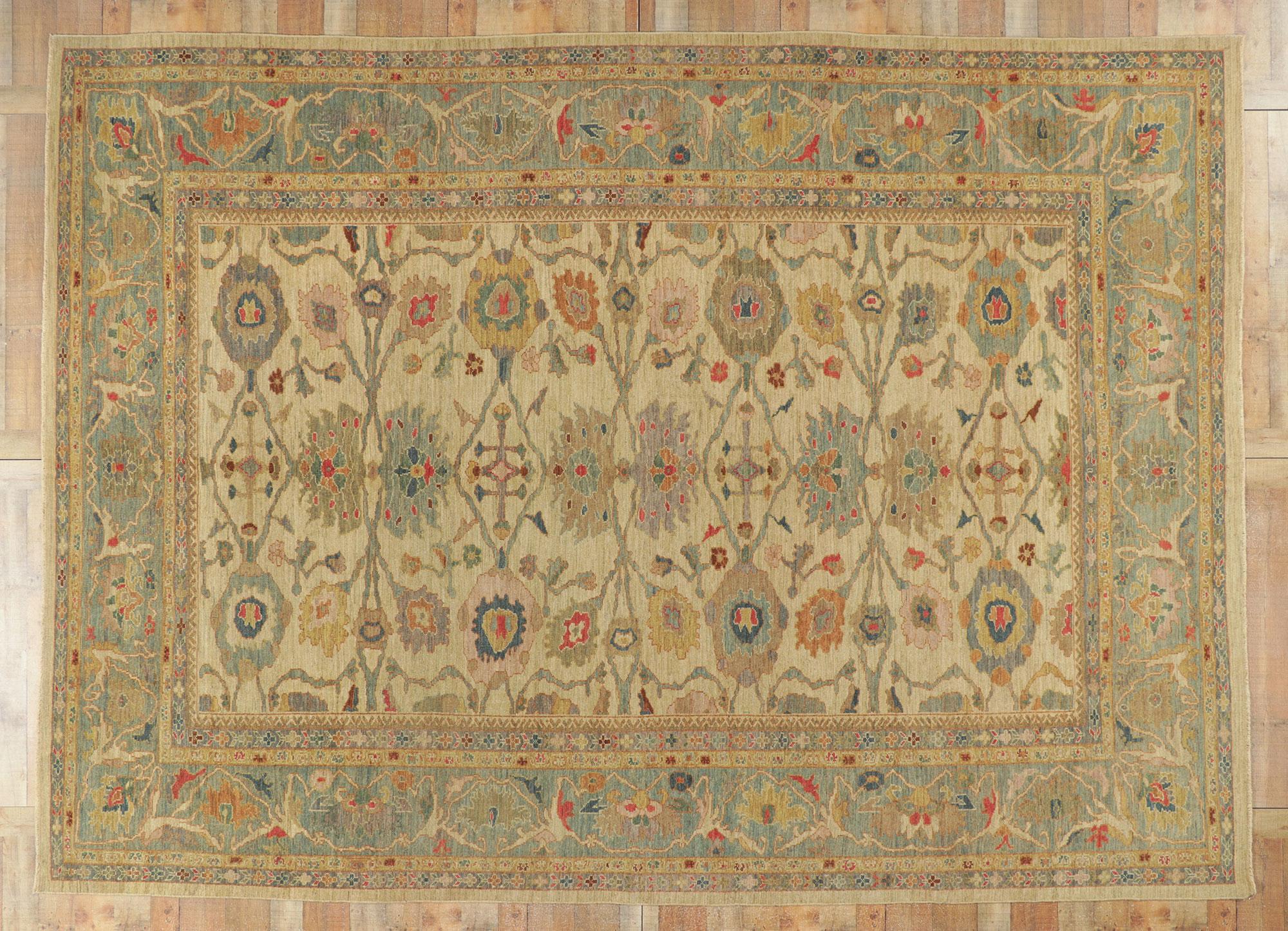 Organic Modern Tan and Blue Persian Sultanabad Rug For Sale 3