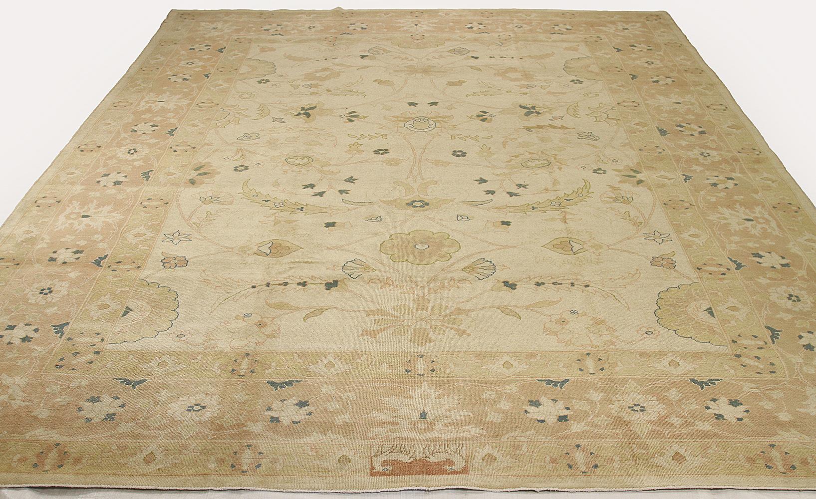 New handmade Persian area rug from high quality sheep’s wool and colored with eco-friendly vegetable dyes that are proven safe for humans and pets alike. It’s a traditional Sultanabad design showcasing a regal ivory field with prominent Herati