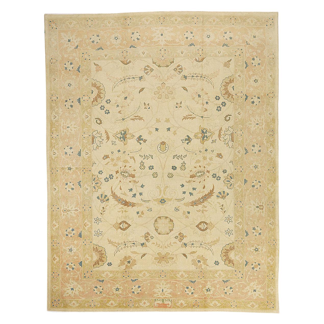 New handmade Persian area rug from high-quality sheep’s wool and colored with eco-friendly vegetable dyes that are proven safe for humans and pets alike. It’s a traditional Sultanabad design showcasing a regal ivory field with prominent Herati