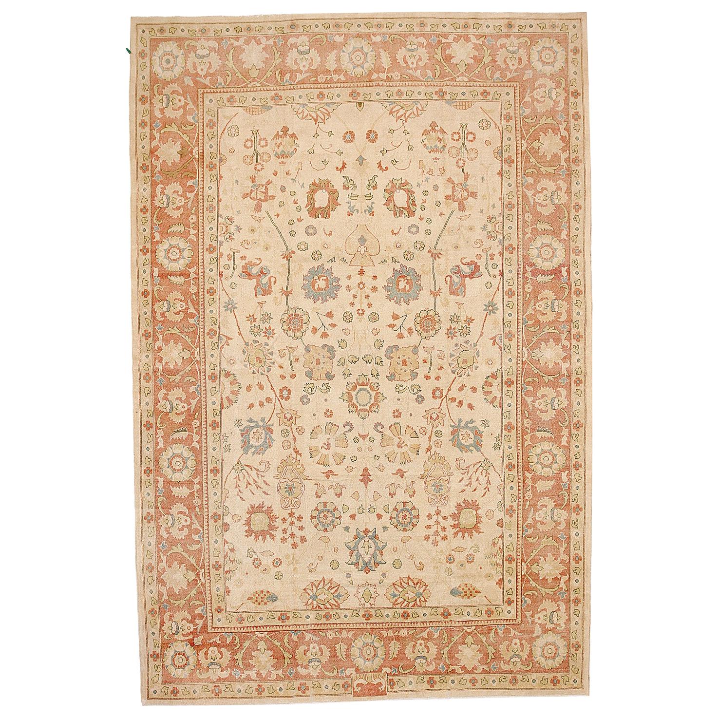 New Persian Sultanabad Rug with Blue and Salmon Pink Floral Motifs