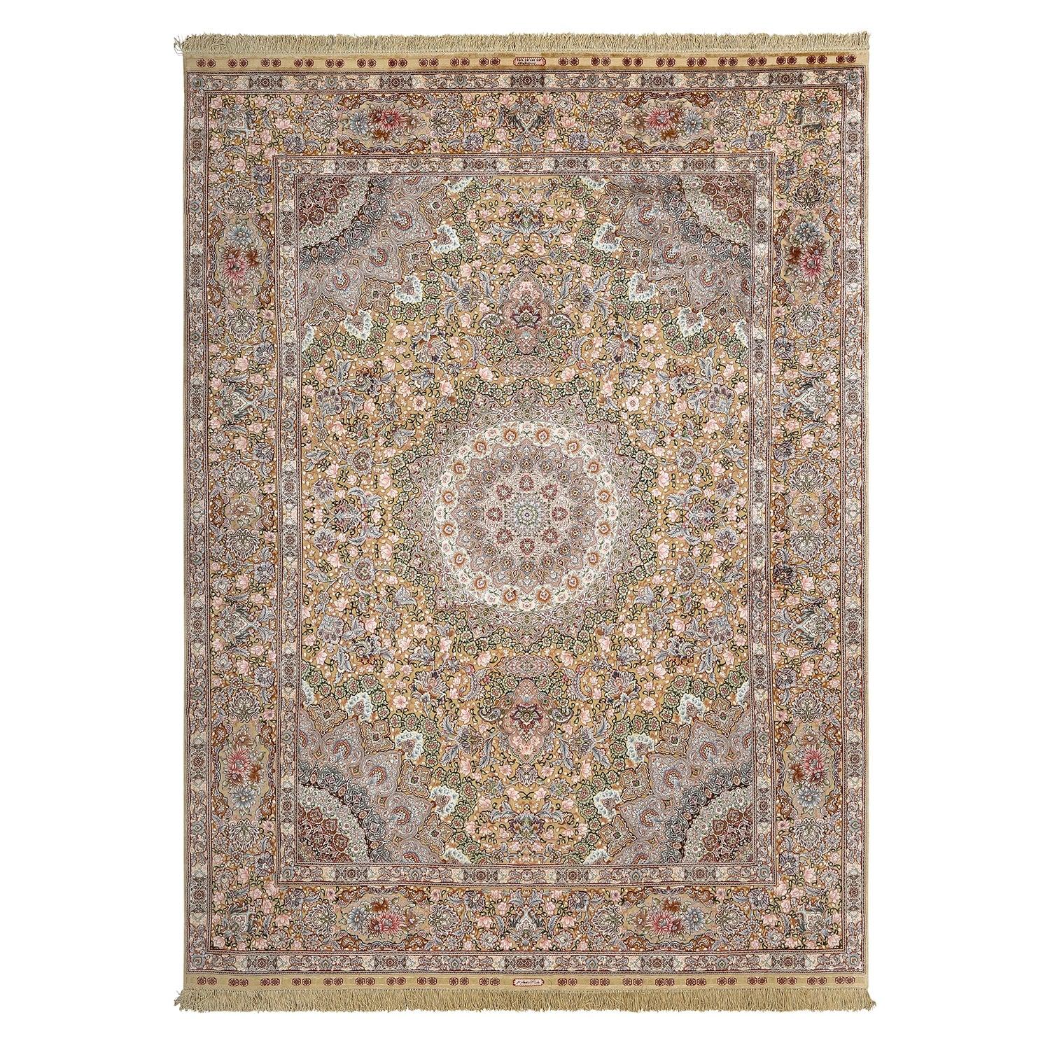 New Persian Tabriz Rug in Silk and Gold Plated Threads - Size:13'5 X 9'11