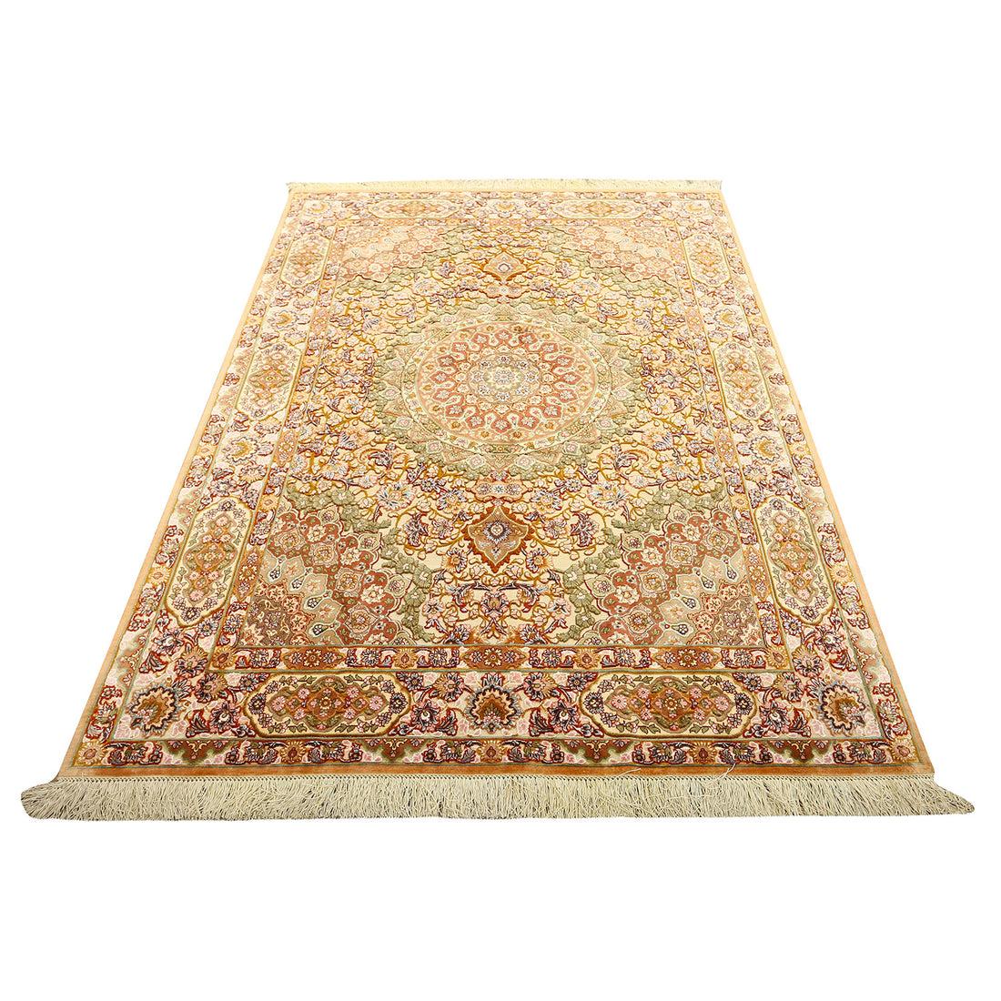 New Tabriz Souf Rug in Silk & Metalic Thread 7'2x5'1
 
 Key Details:
 Pile: Silk & Metalic Thread
 Foundation: Silk
 Origin: Tabriz
 Design: Center Medallion
 Quality (KPI): 400
 Condition: Good
 Dimension: 7'2x5'1
 Inventory Number: 6243 
 
 The