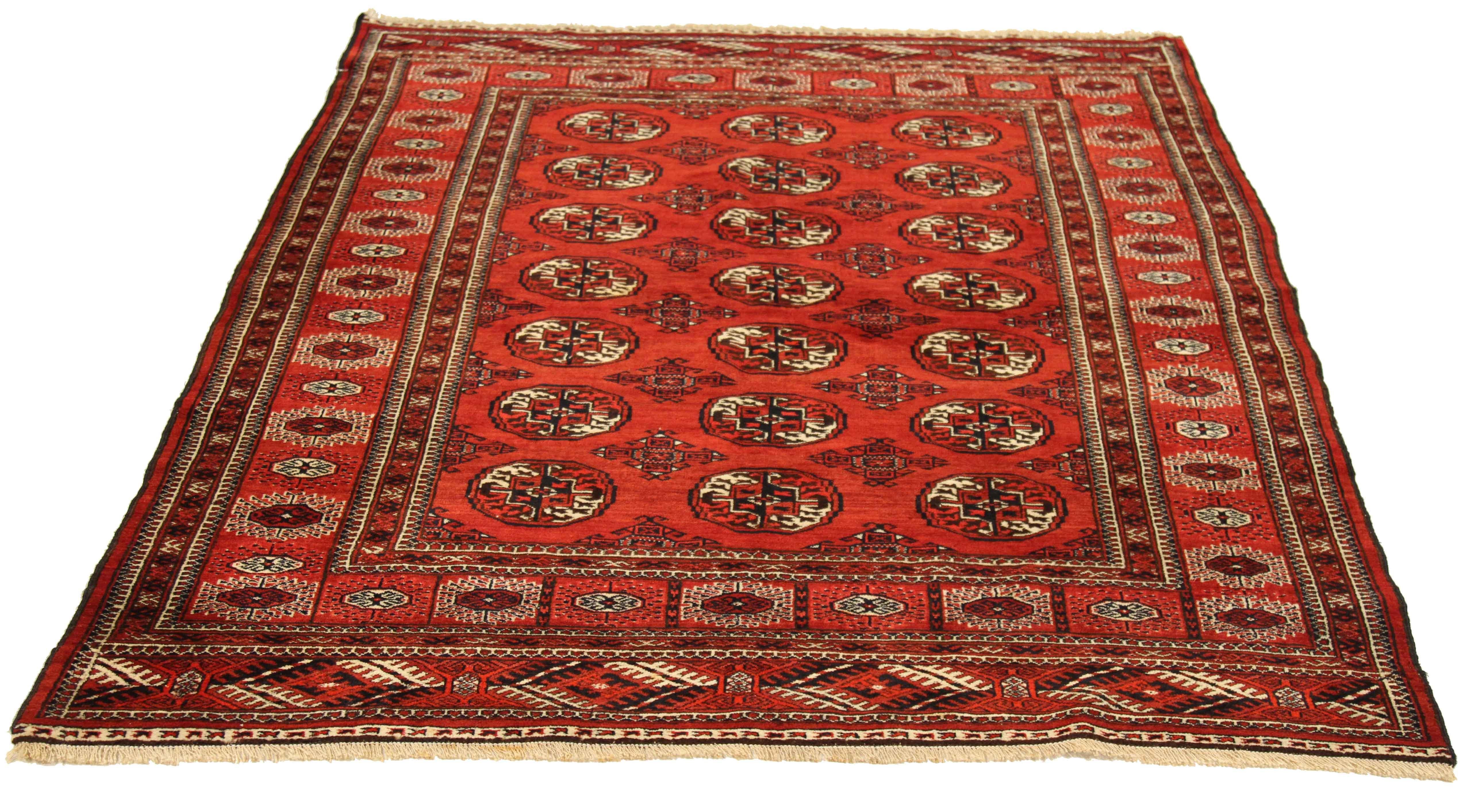 Oushak New Persian Turkmen Rug with Black & Ivory Tribal ‘Gul’ Details For Sale