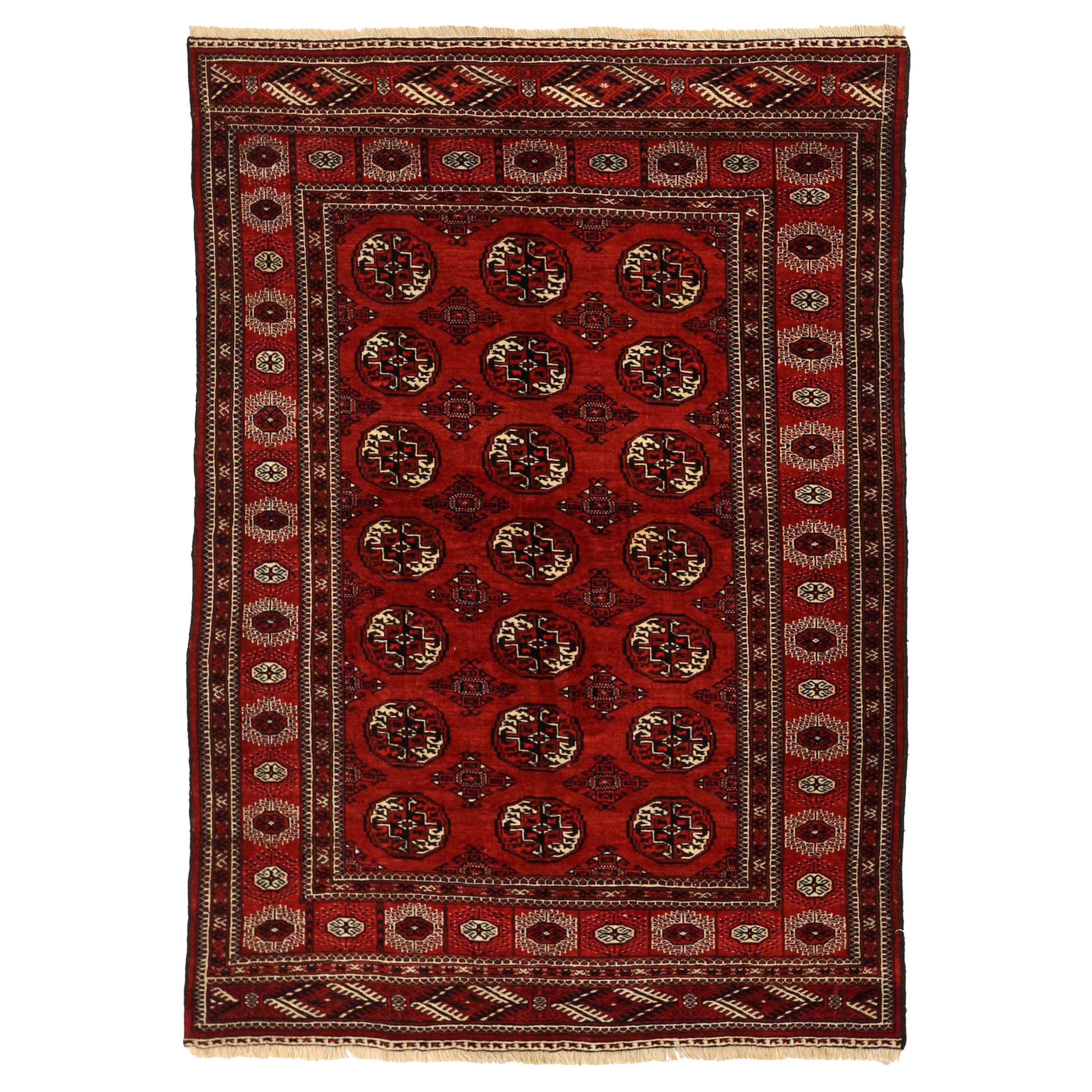 New Persian Turkmen Rug with Black & Ivory Tribal ‘Gul’ Details For Sale