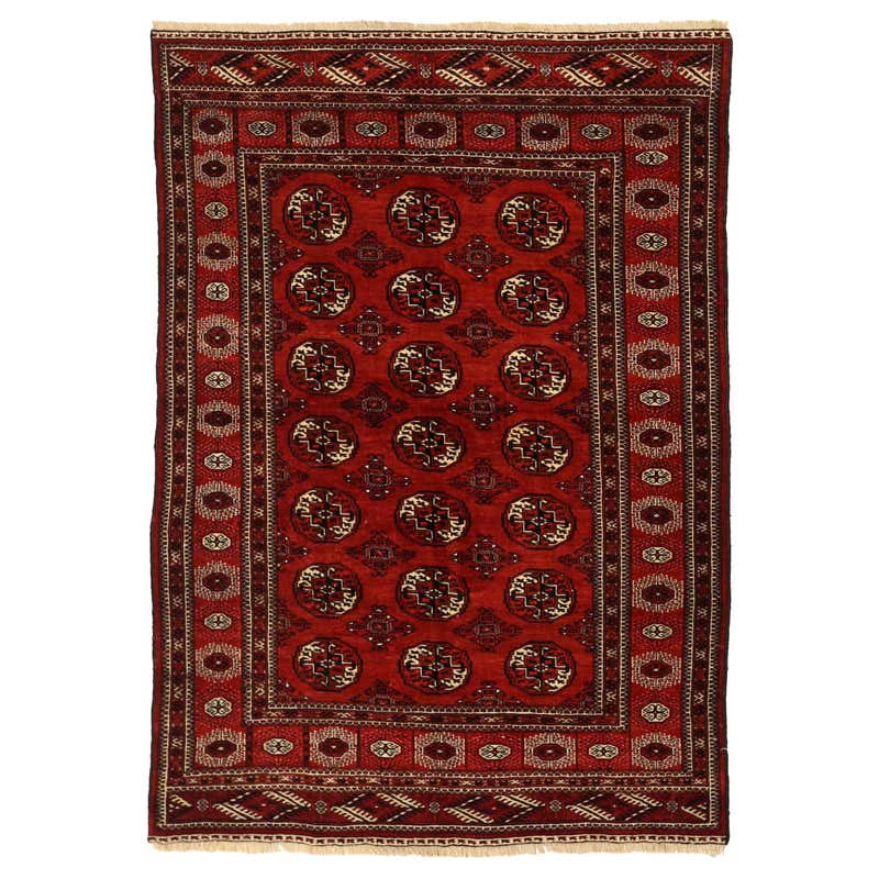 New Persian Turkmen Rug with Black and Ivory Tribal ‘Gul’ Details For ...