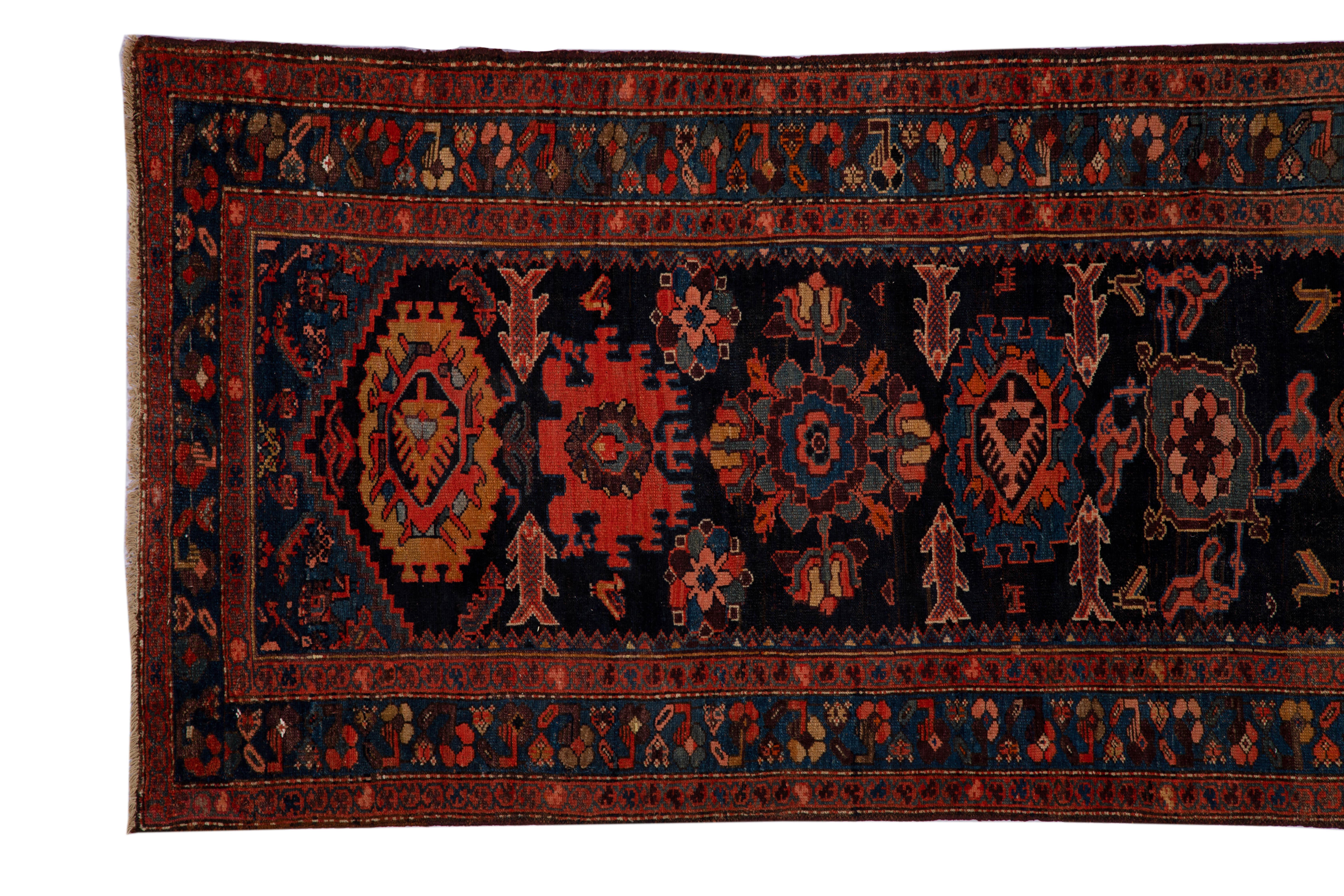 Hand-Woven Antique Persian Zanjan Runner Rug in Black and Red with Allover Design Details  For Sale