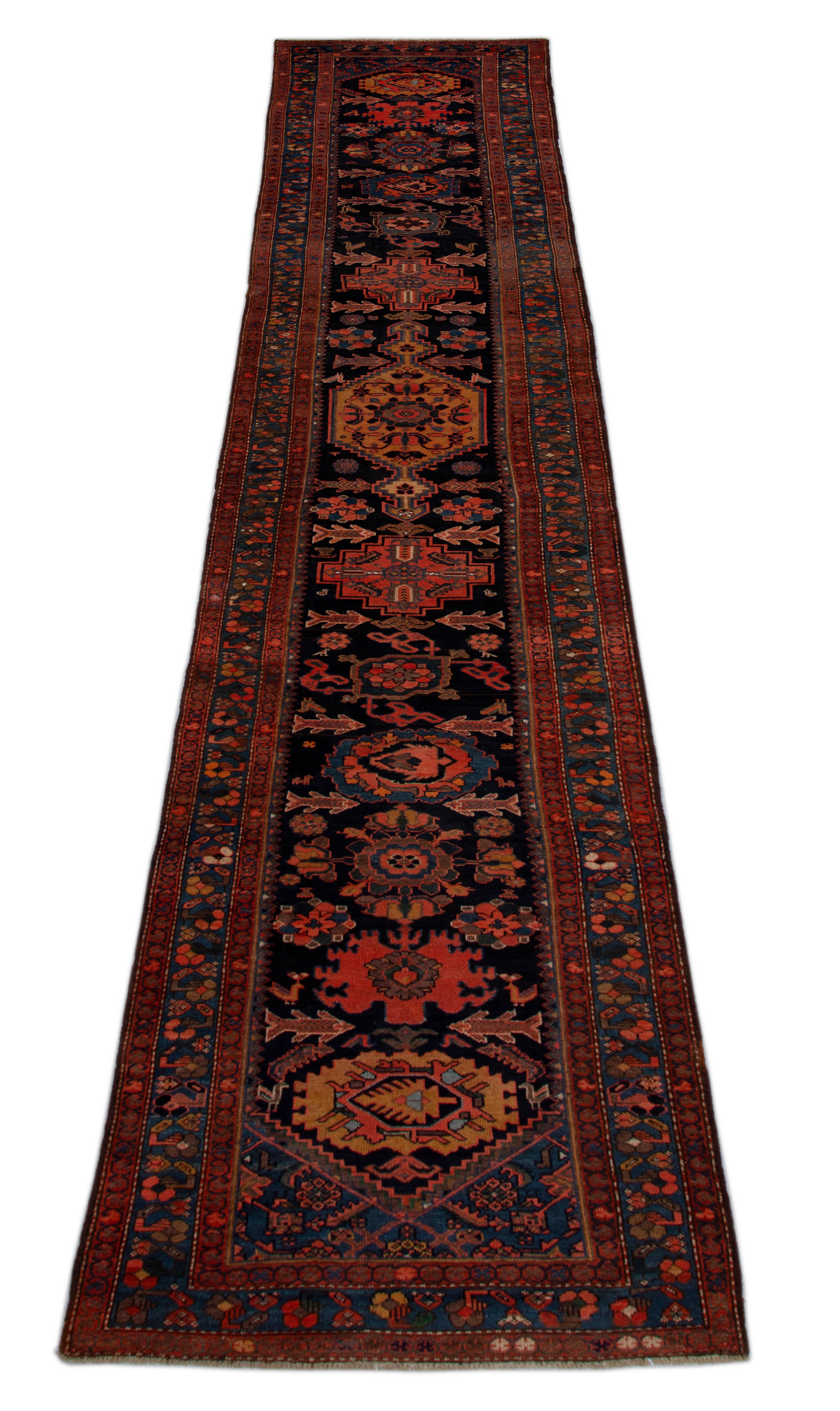 Antique Persian Zanjan Runner Rug in Black and Red with Allover Design Details  In Excellent Condition For Sale In Dallas, TX