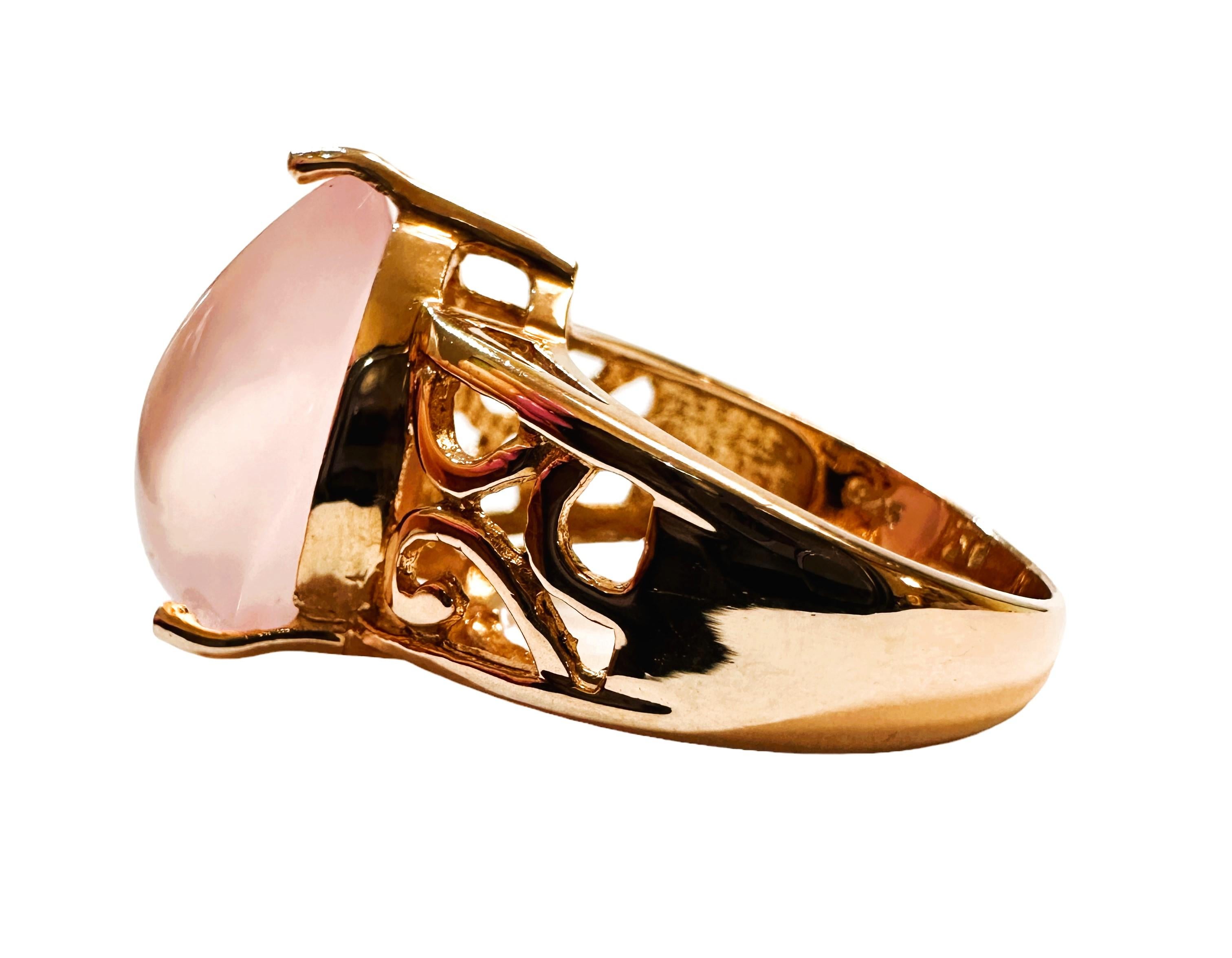 Art Deco New Pink Chalcedony Rose Gold Plated Sterling Filigree Ring Size 6.5 For Sale
