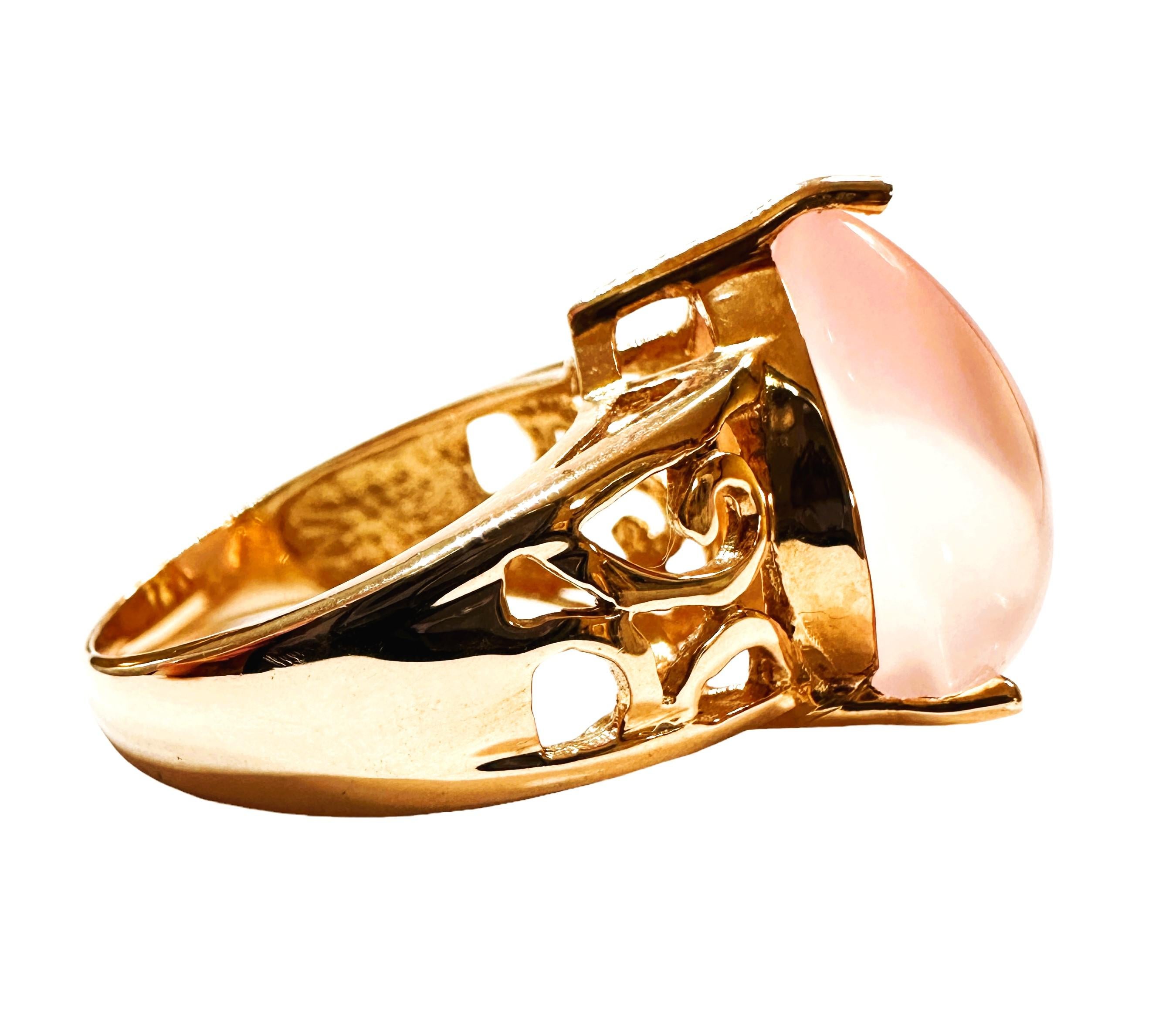 Pear Cut New Pink Chalcedony Rose Gold Plated Sterling Filigree Ring Size 6.5 For Sale