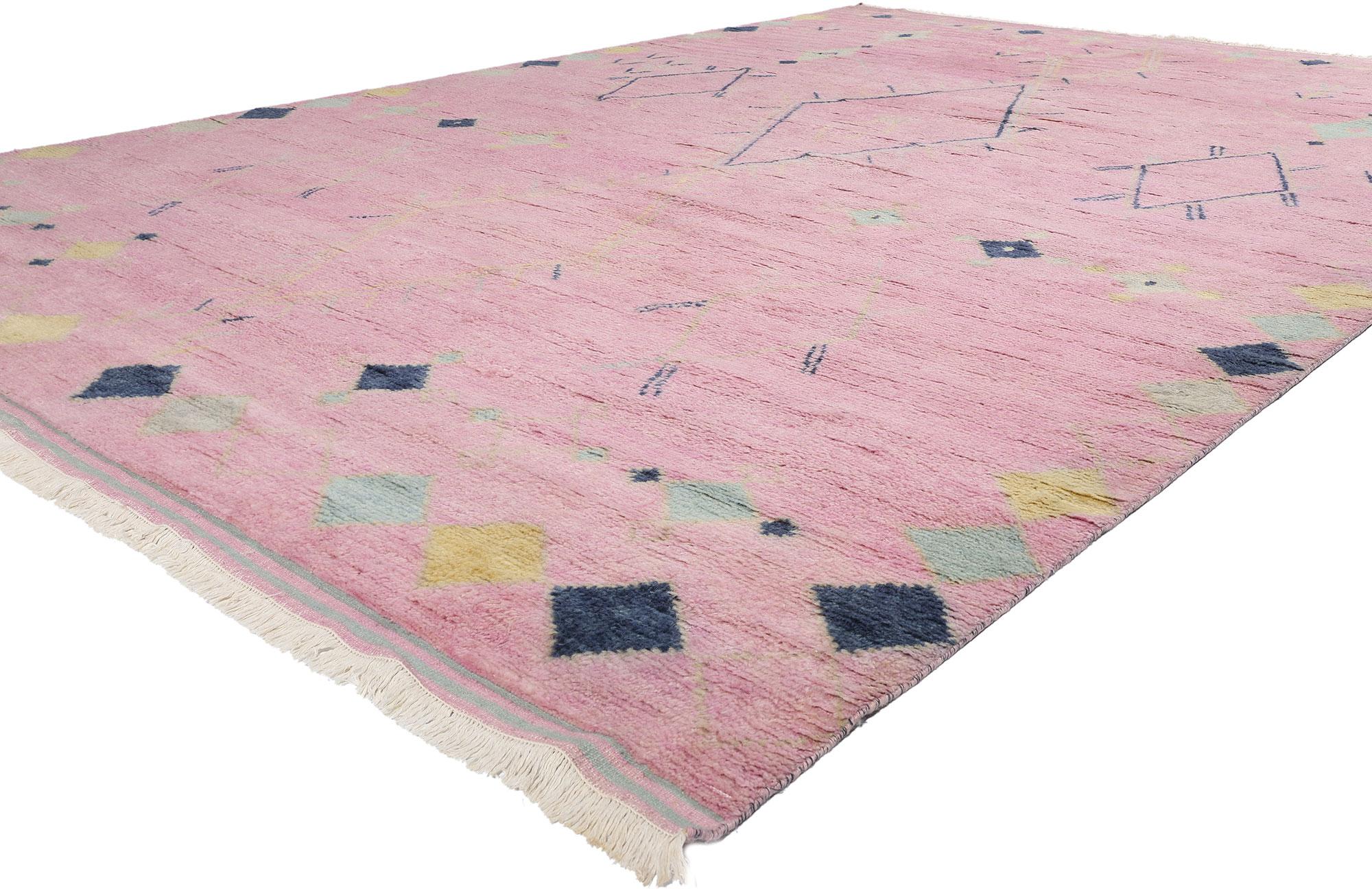 31306 Modern Tribal Boho Pink Moroccan Rug, 10'01 x 14'04. Introducing an exquisite hand-knotted wool Modern Tribal Boho Pink Moroccan rug, a masterpiece that seamlessly blends traditional Moroccan design with contemporary aesthetics. This rug