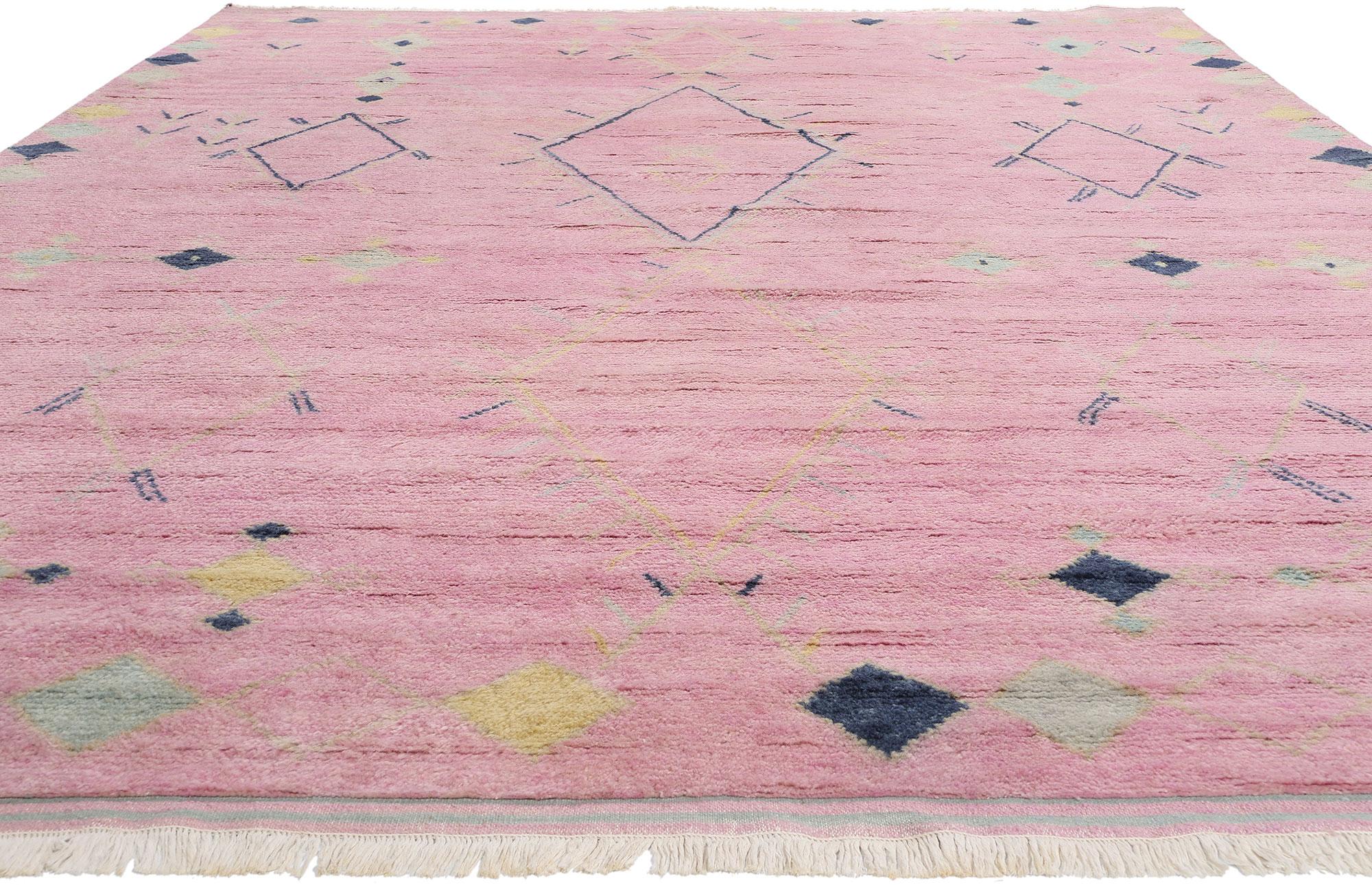 Bohemian New Pink Diamonds Contemporary Moroccan Area Rug For Sale