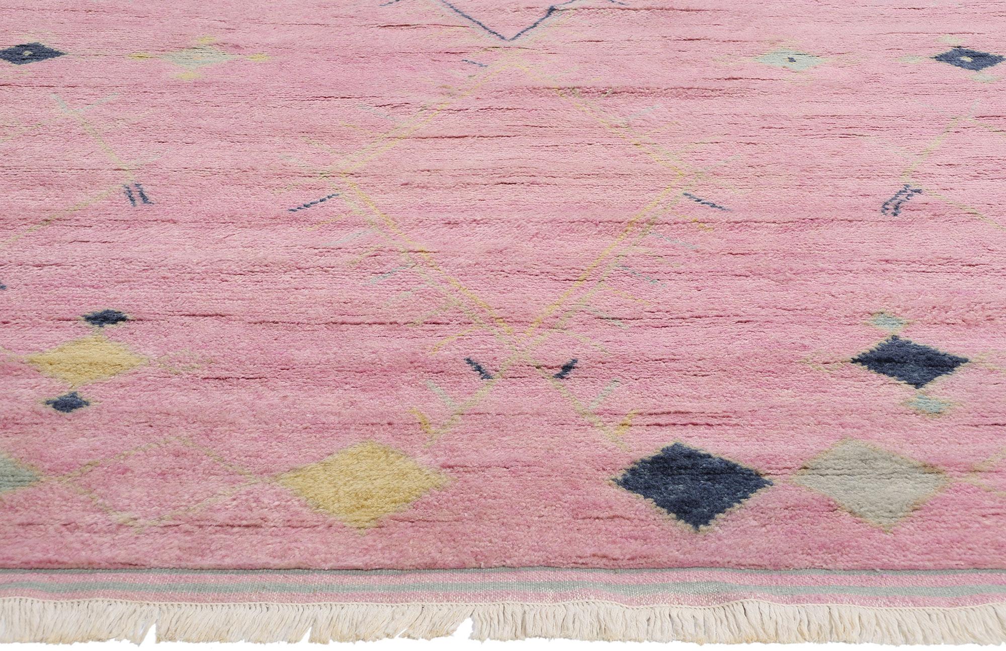 Indian New Pink Diamonds Contemporary Moroccan Area Rug For Sale