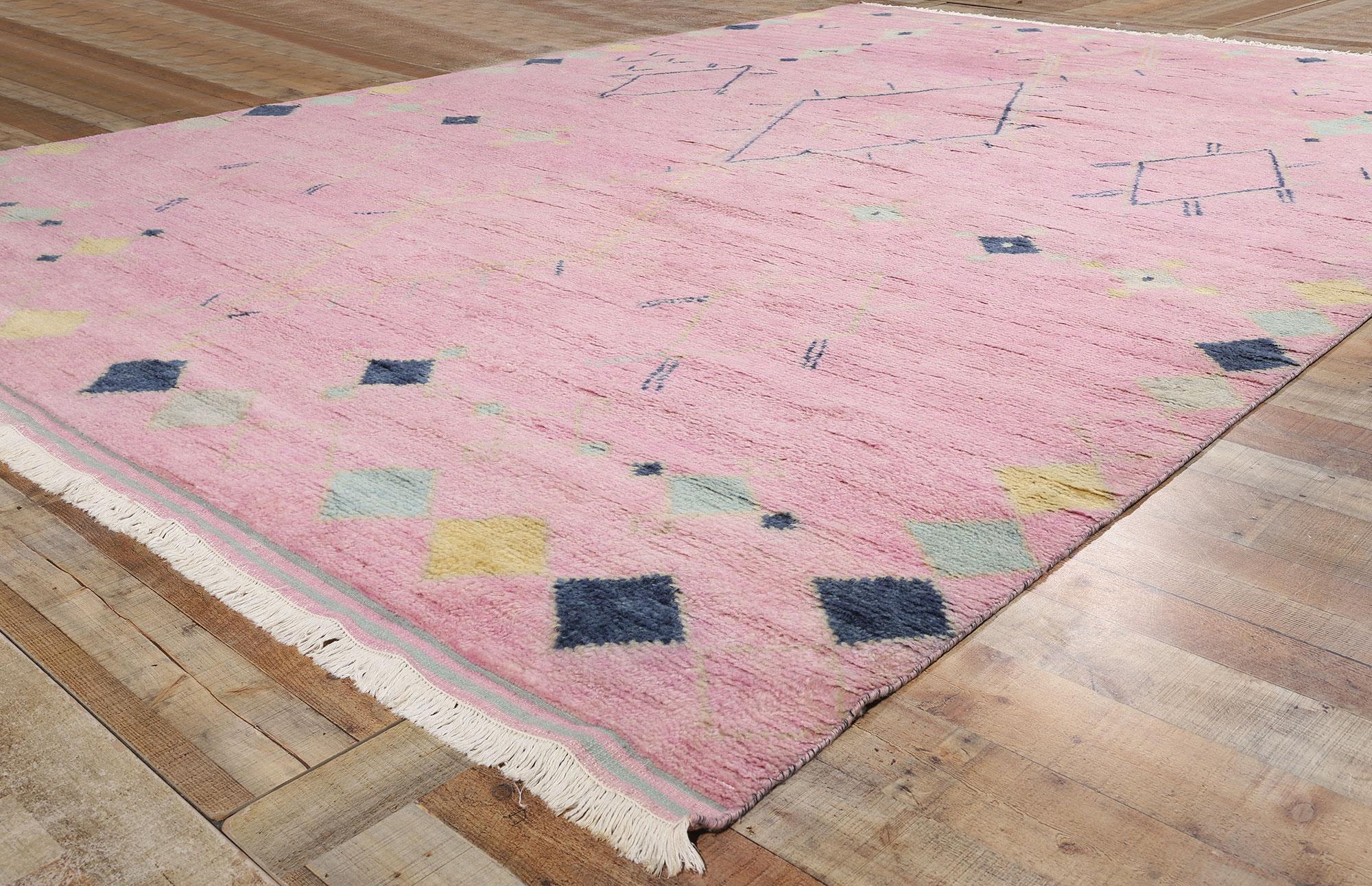 Wool New Pink Diamonds Contemporary Moroccan Area Rug For Sale