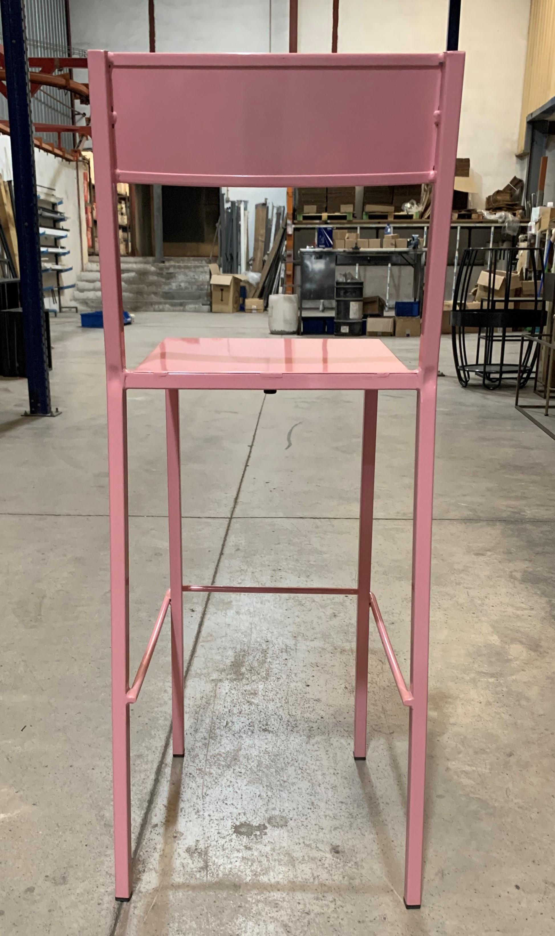 Spanish New Pink Industrial Wrought Iron Shop, Counter Stool with Metal Seat and Back For Sale