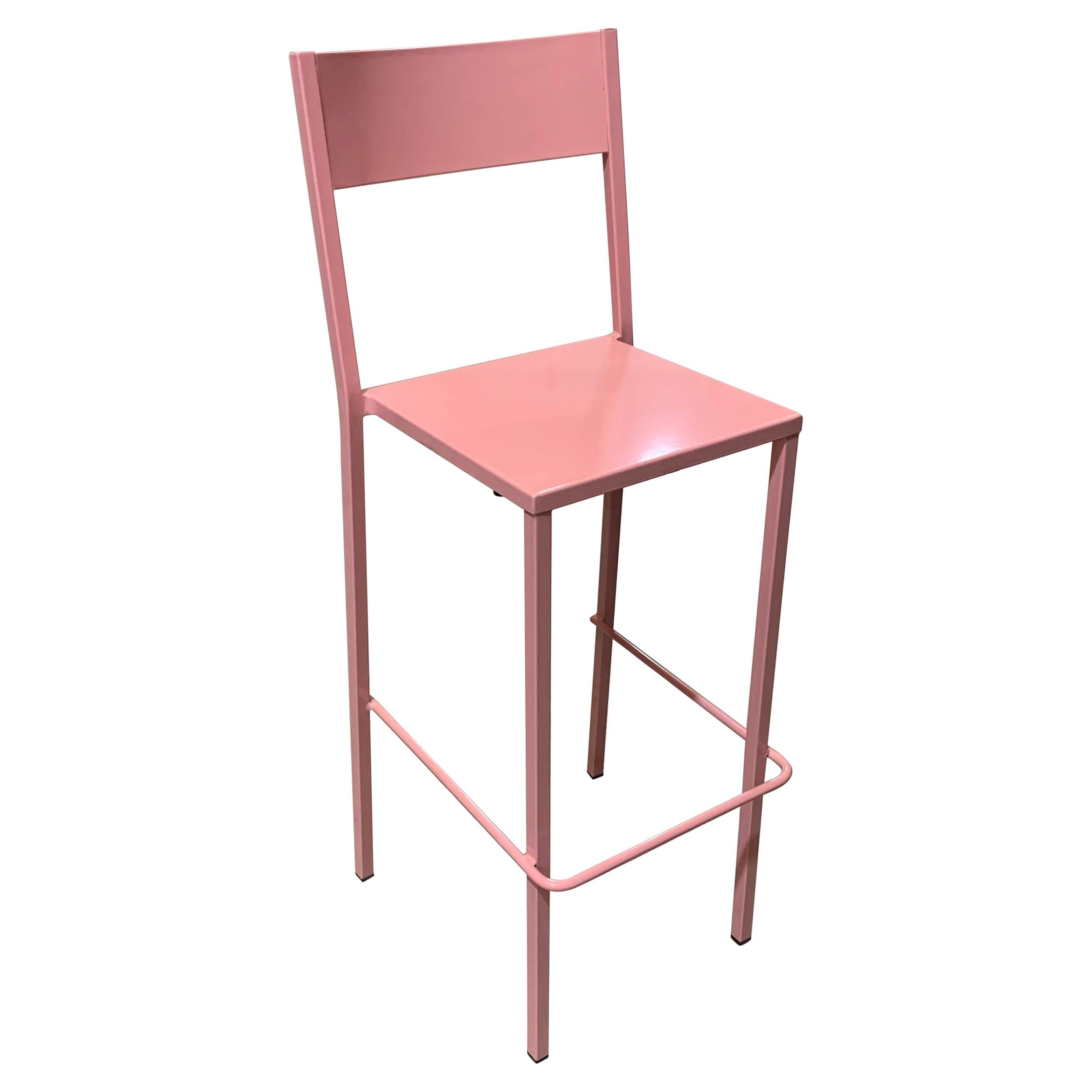 New Pink Industrial Wrought Iron Shop, Counter Stool with Metal Seat and Back For Sale