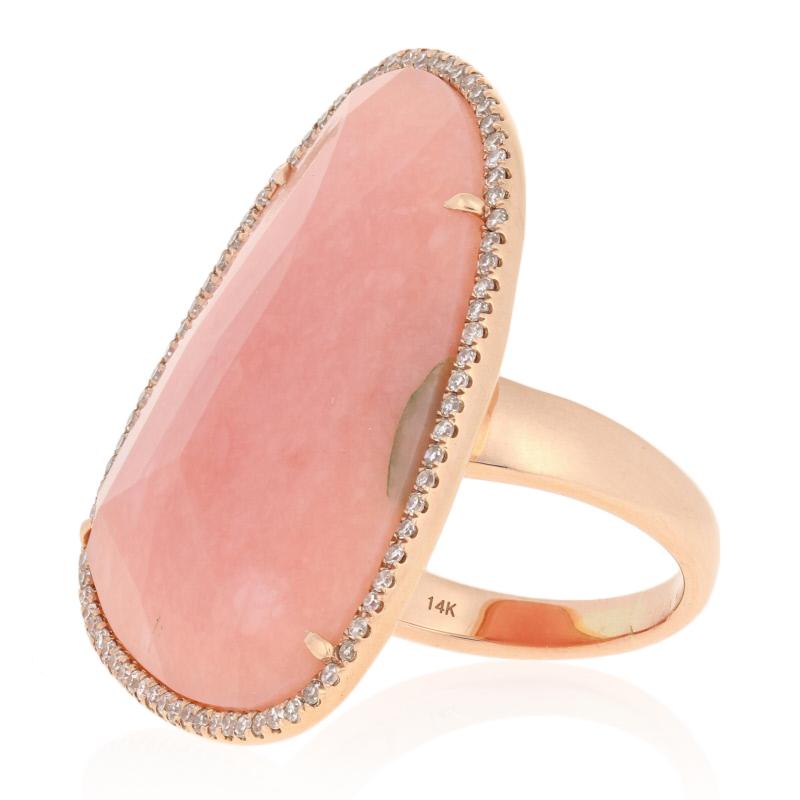 This ring is a size 6 1/2.

Metal Content: Guaranteed 14k Gold as stamped

Stone Information: 
Genuine Opal
Color: Pink  

Natural Diamonds  
Clarity: SI2 - I1
Color: H - I  
Cut: Round Brilliant
Total Carats: 0.37ctw 

Style: Solitaire with Accents