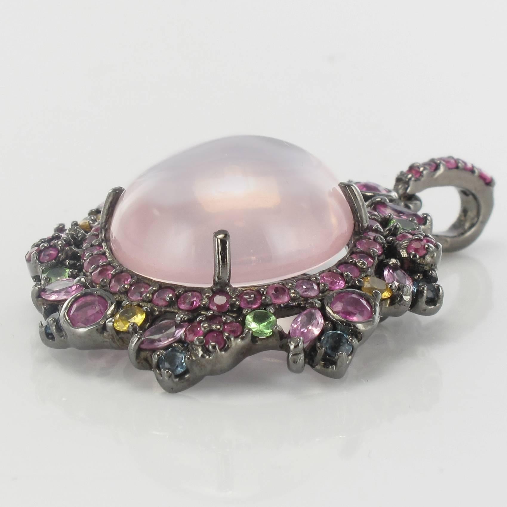 Modern New Pink Quartz Pink Yellow Sapphires Topaz Garnets Silver Pendant Necklace