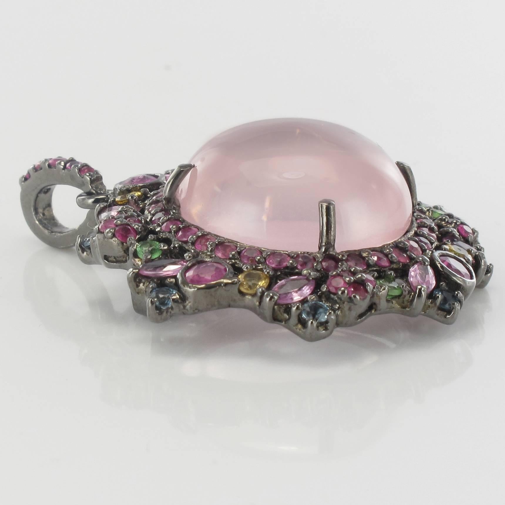 New Pink Quartz Pink Yellow Sapphires Topaz Garnets Silver Pendant Necklace In New Condition In Poitiers, FR