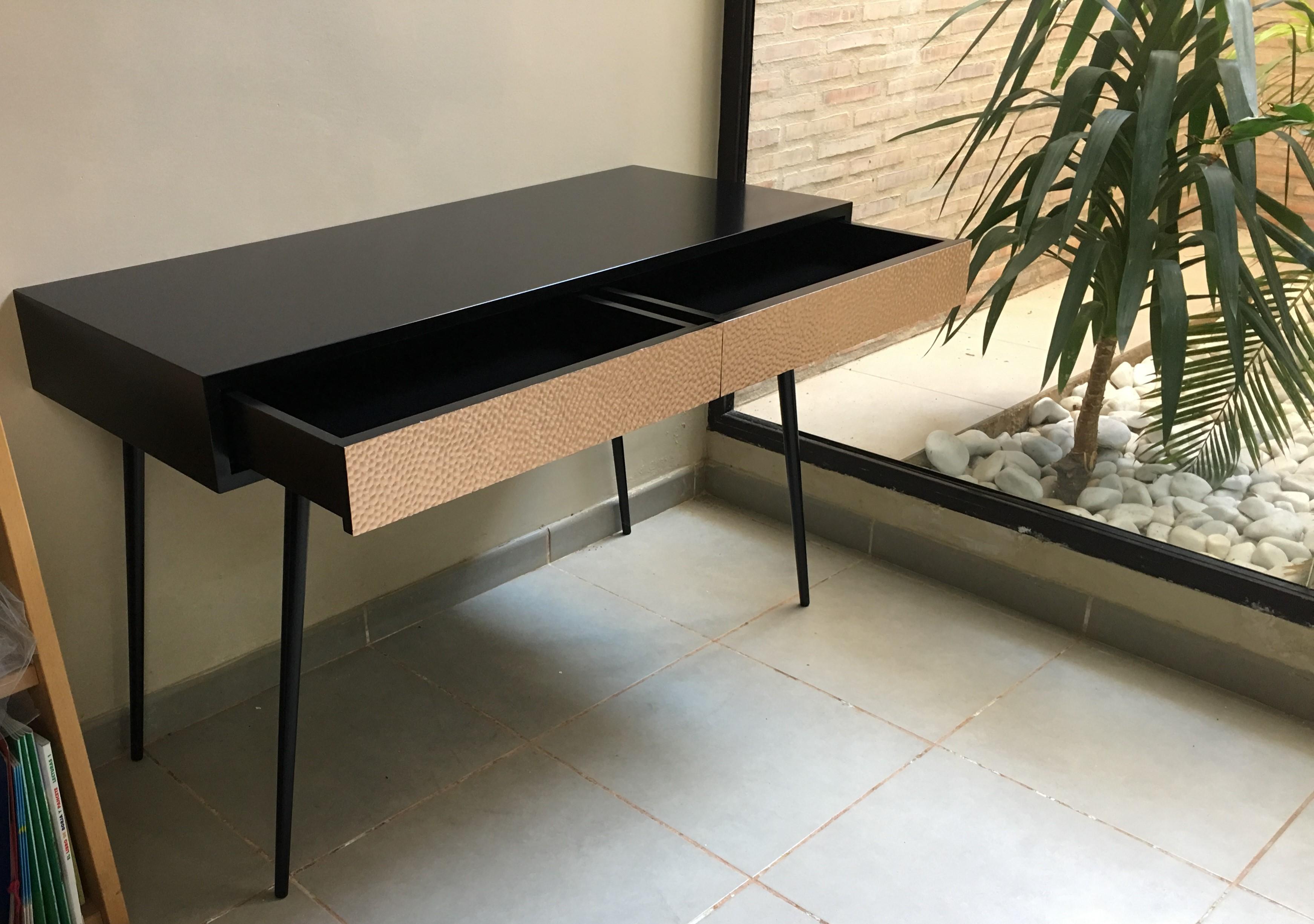 Spanish New Pink Relief Metal and Black Lacquered Wood Desk Table with Two Drawers