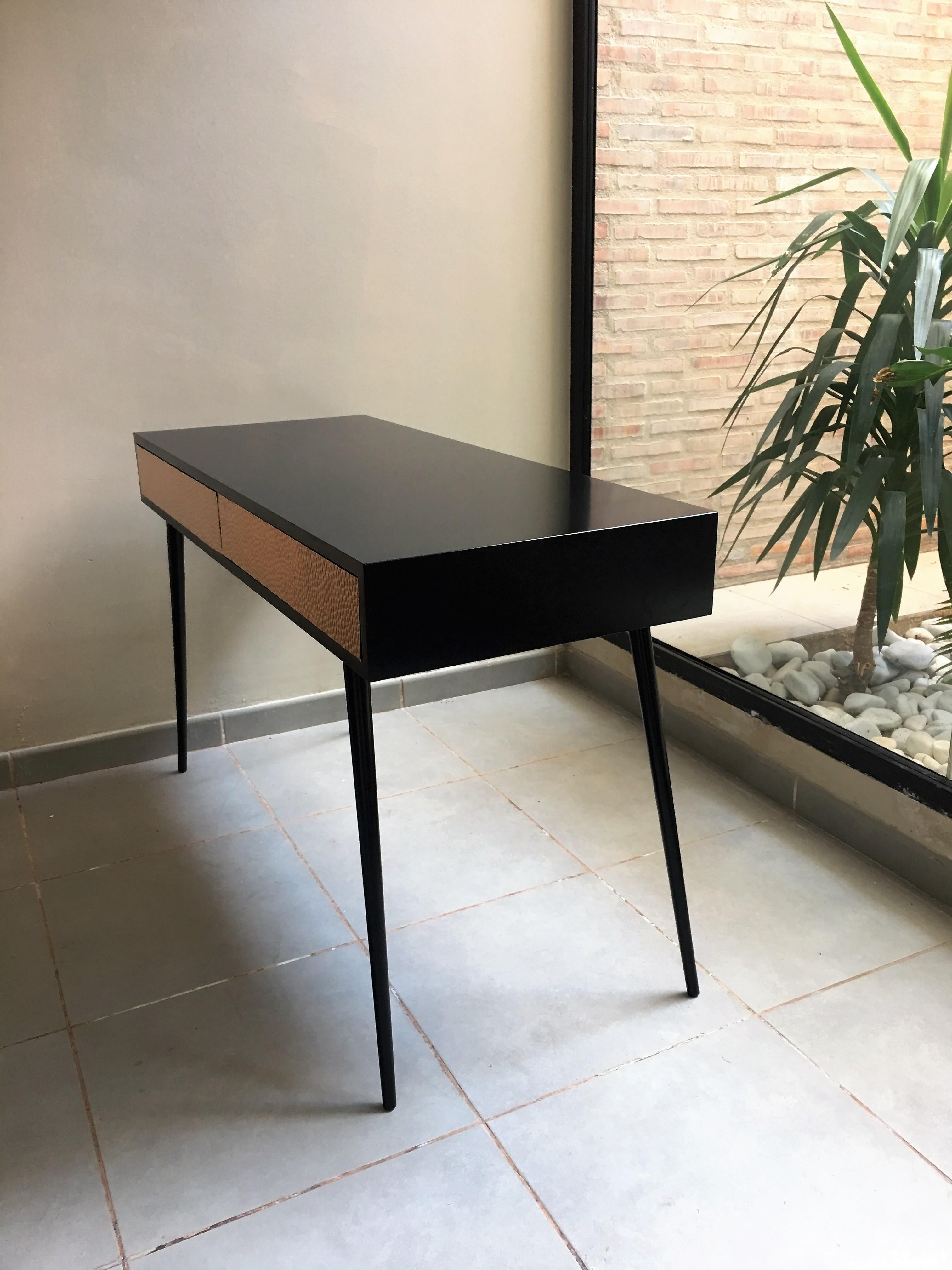 Contemporary New Pink Relief Metal and Black Lacquered Wood Desk Table with Two Drawers