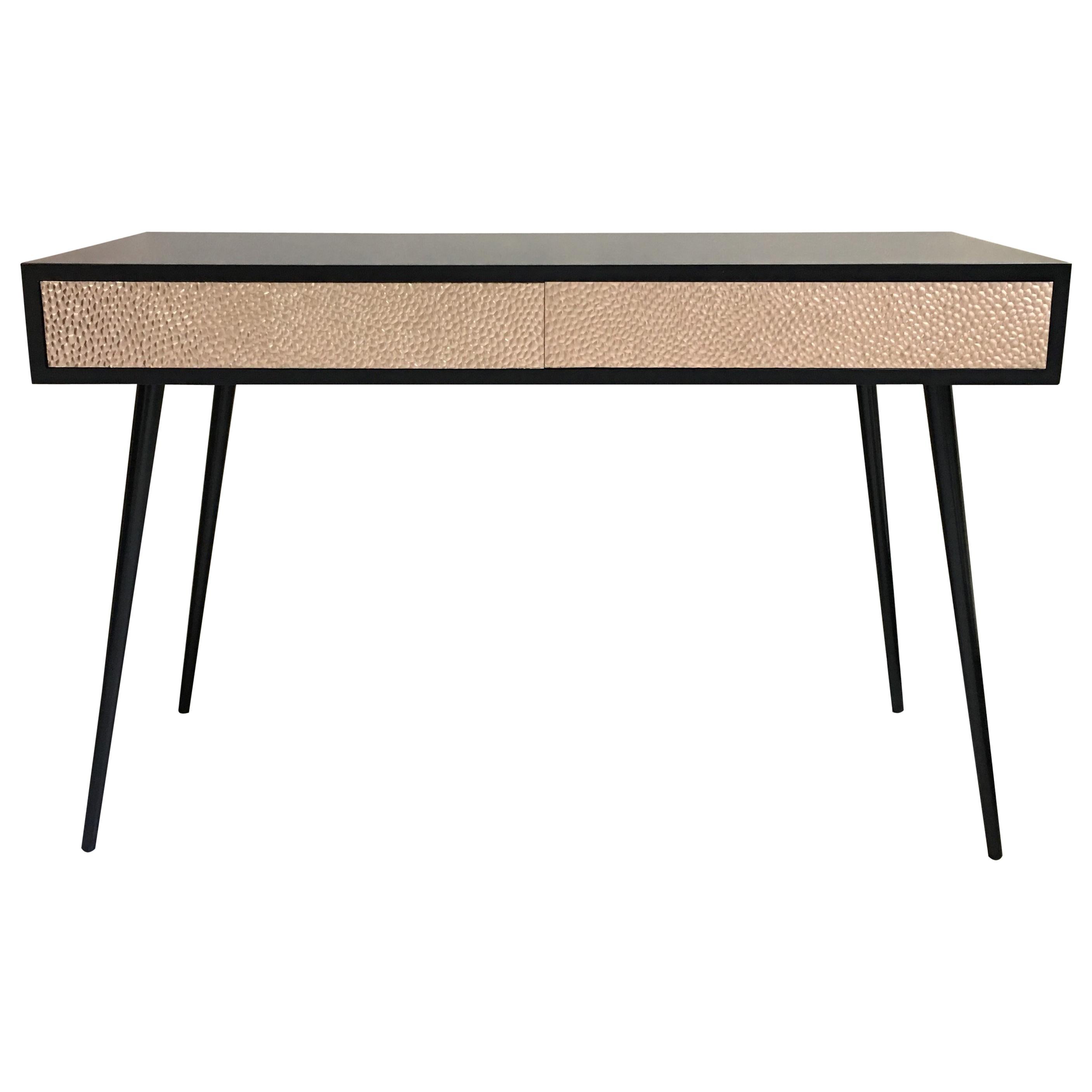 New Pink Relief Metal and Black Lacquered Wood Desk Table with Two Drawers