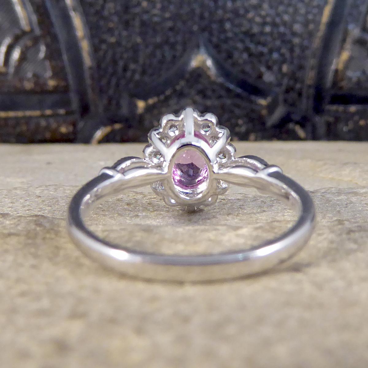 Oval Cut New Pink Sapphire and Diamond Cluster Ring Mounted in Platinum For Sale