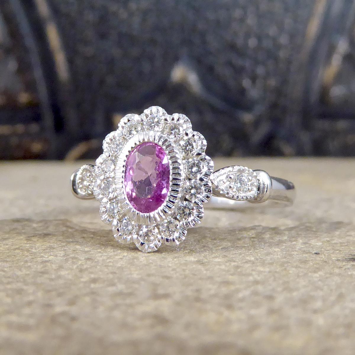 New Pink Sapphire and Diamond Cluster Ring Mounted in Platinum In Excellent Condition For Sale In Yorkshire, West Yorkshire