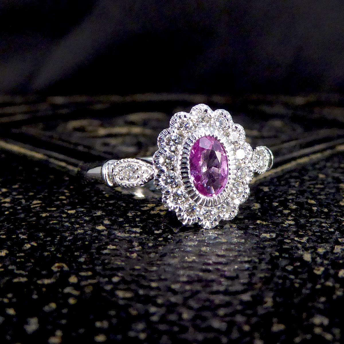 New Pink Sapphire and Diamond Cluster Ring Mounted in Platinum For Sale 1