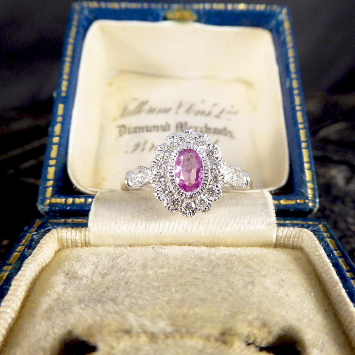 New Pink Sapphire and Diamond Cluster Ring Mounted in Platinum For Sale 3
