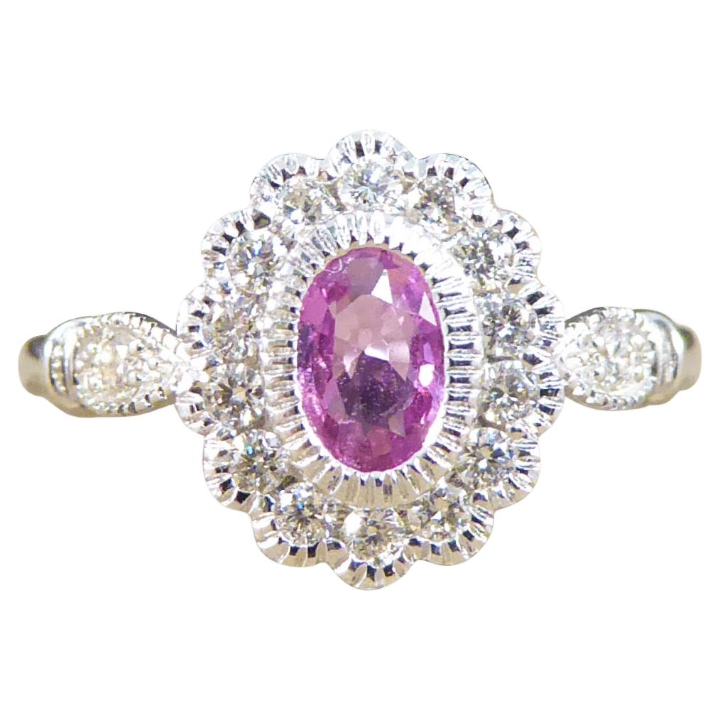 New Pink Sapphire and Diamond Cluster Ring Mounted in Platinum For Sale