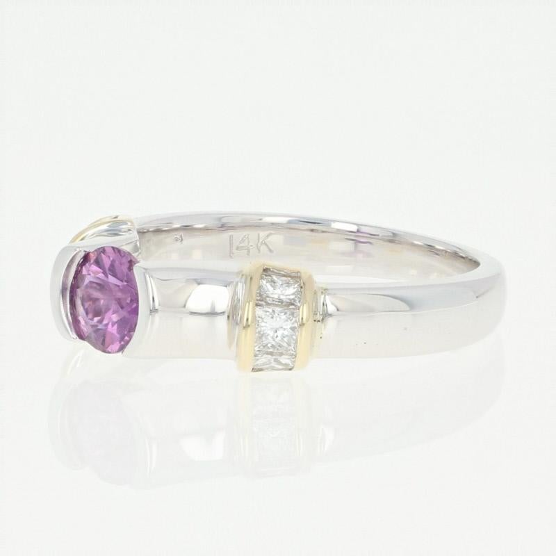 Round Cut Pink Sapphire and Diamond Ring, 14 Karat White Gold Princess .94 Carat