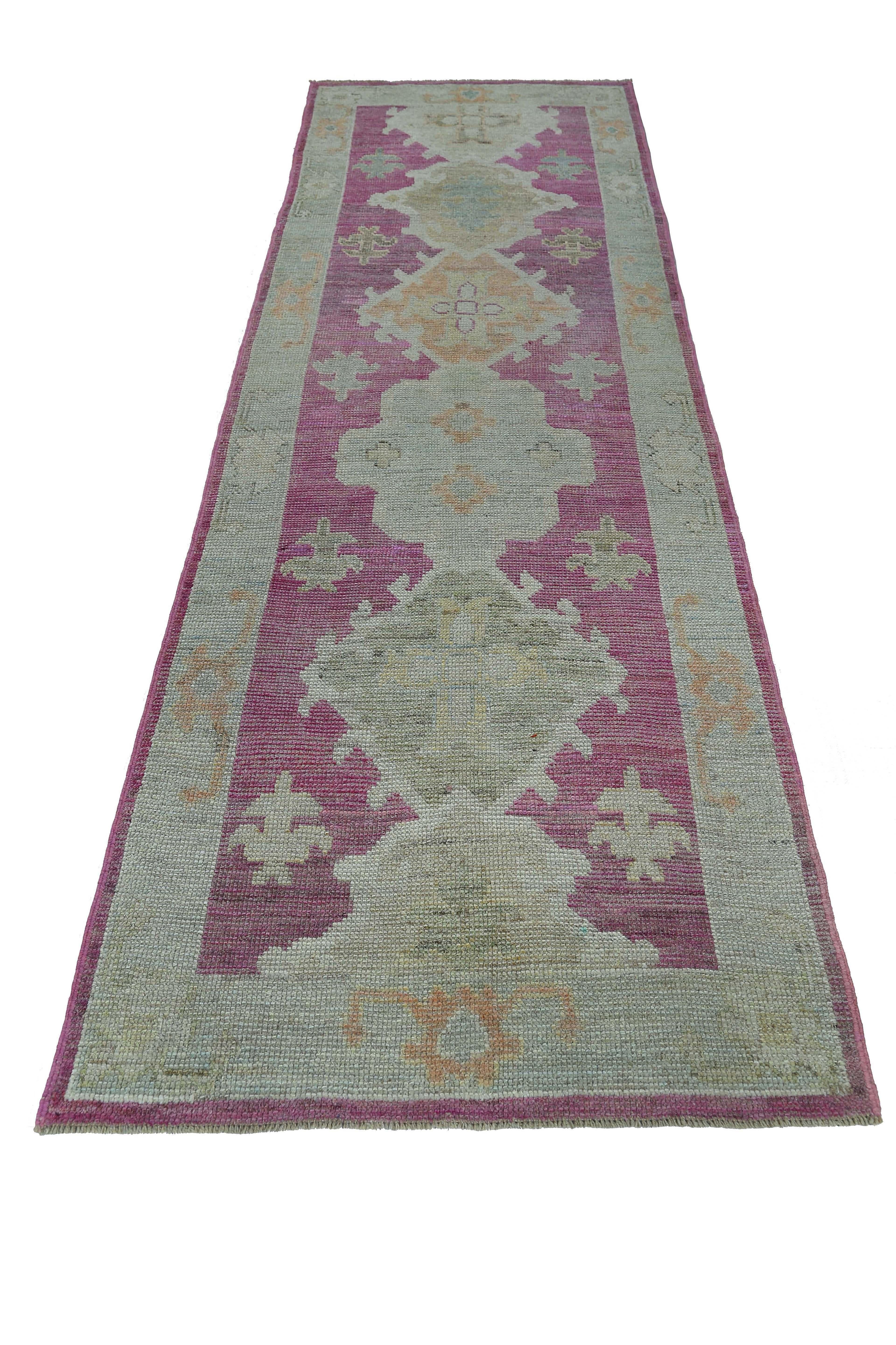 Hand-Woven New Pink Turkish Oushak Runner For Sale